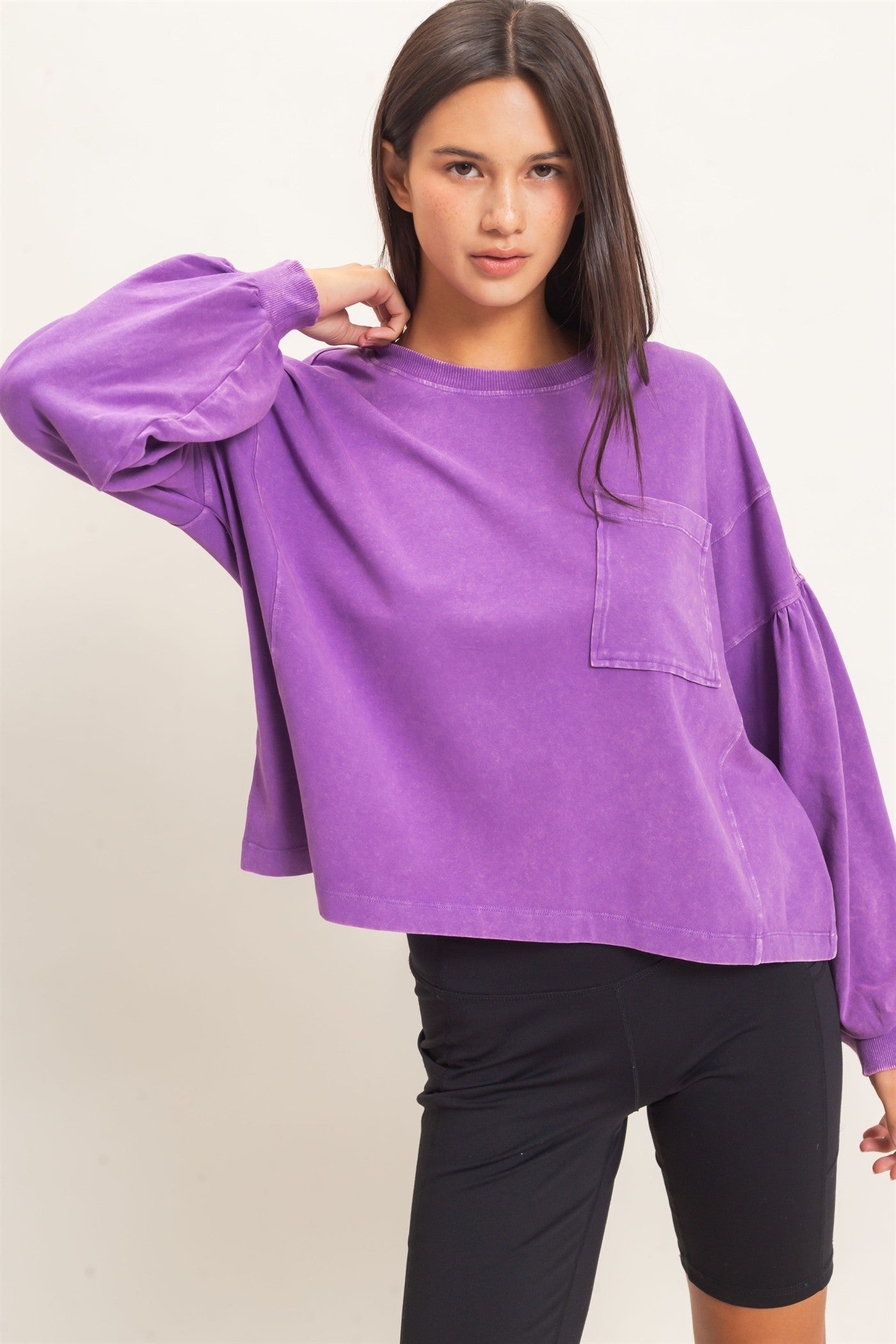 Wholesale Mineral Wash Puff Long Sleeve Boxy Top Clothing Tops DZ26F402 PLUM DOUBLE ZERO