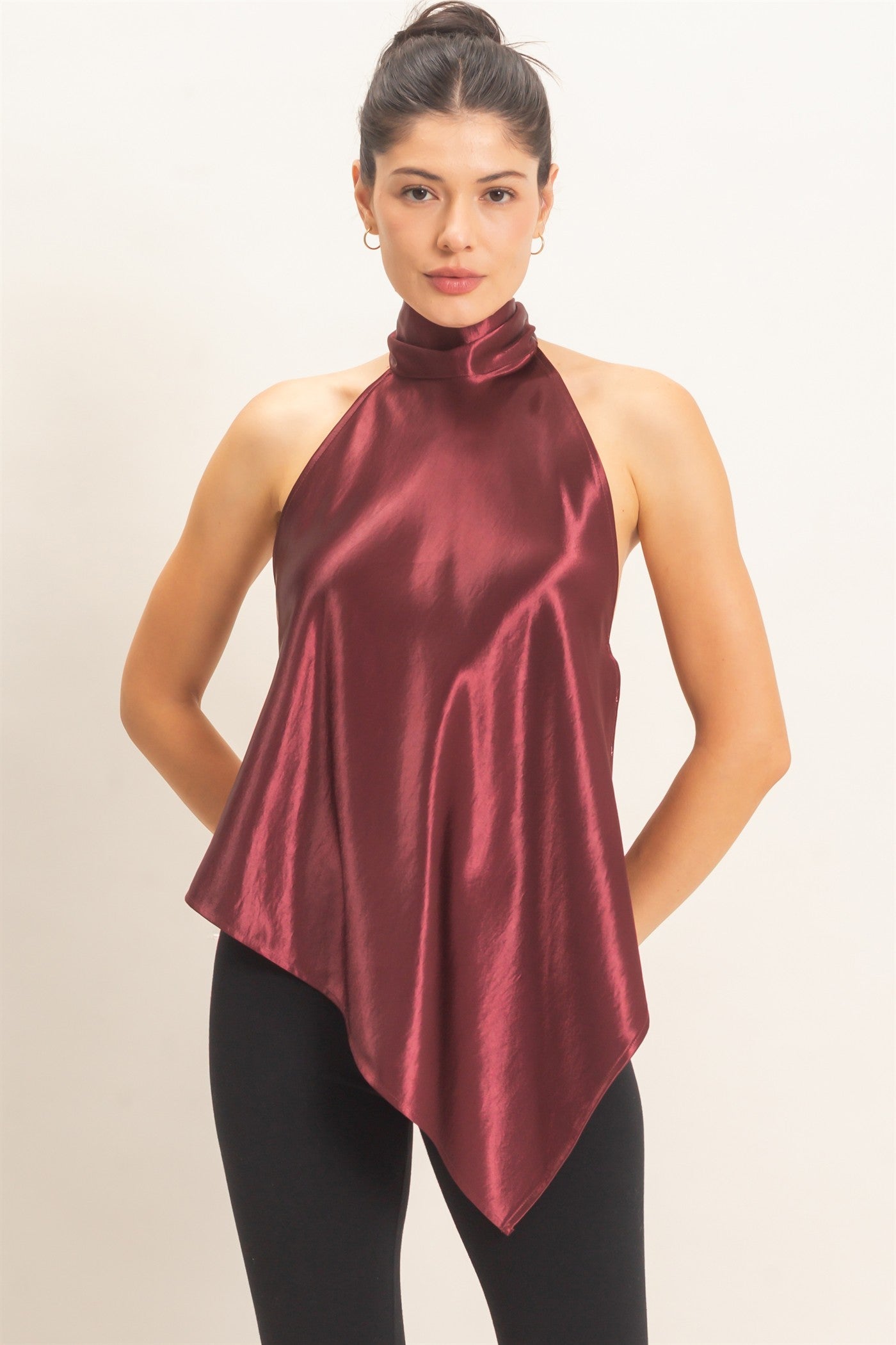 Wholesale Asymmetrical Satin Halter Top Blouses HF26F114 WINE HYFVE
