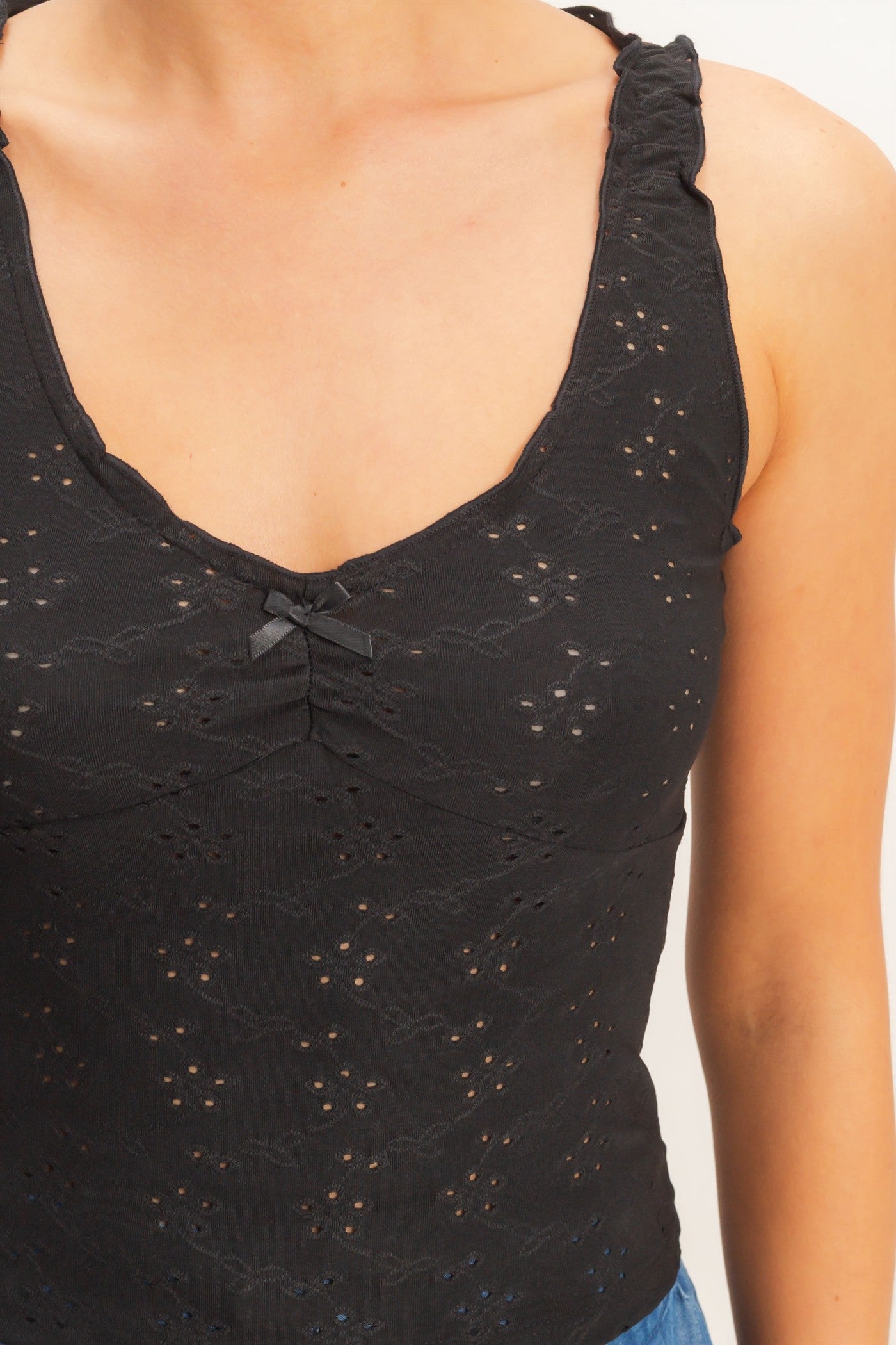 Wholesale Ruched Eyelet Knit Tank Tank Tops HF26C141 BLACK HYFVE