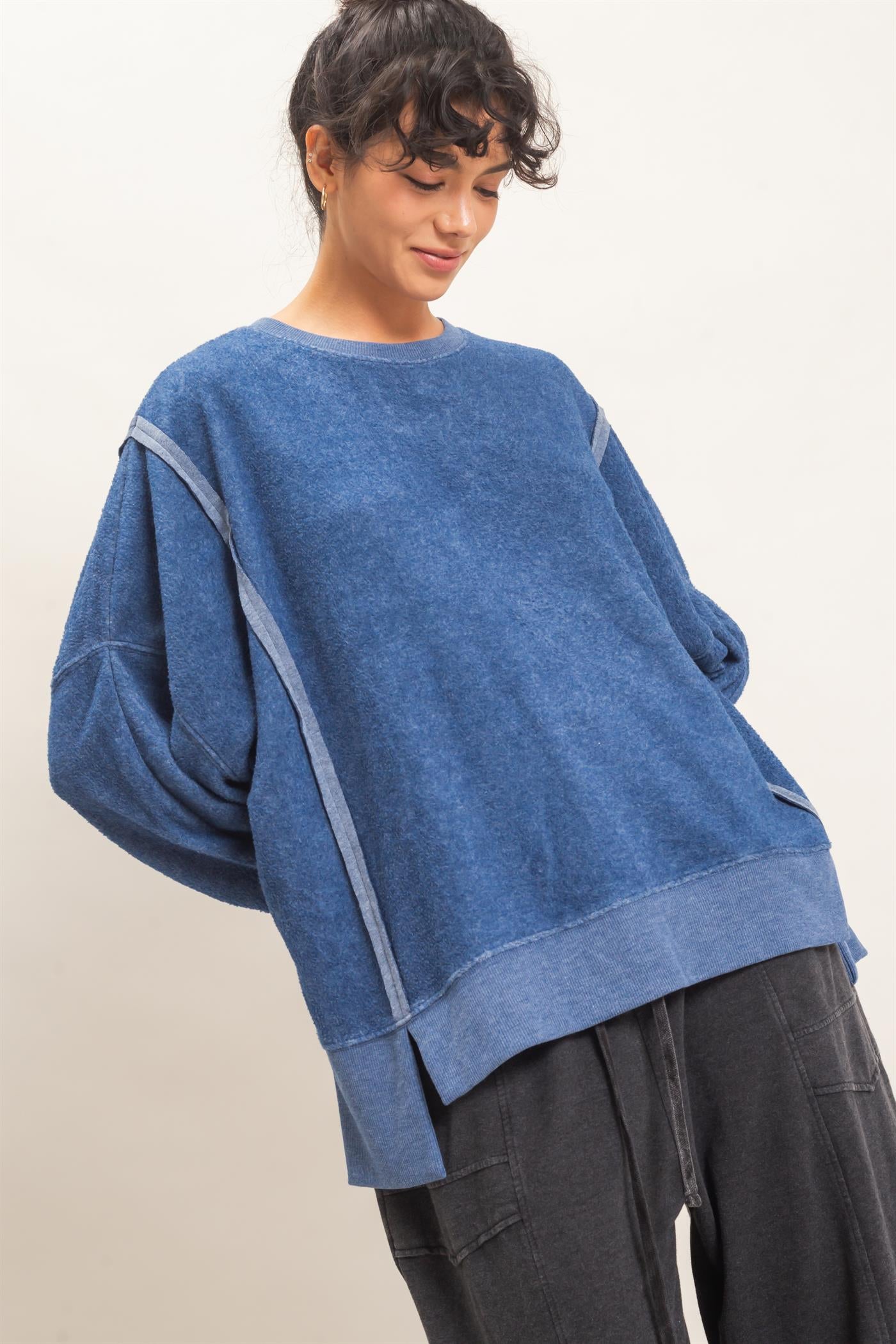 Wholesale Oversized Raw Edge Crew Neck Sweatshirt Sweatshirts DZ26E273 NAVY DOUBLE ZERO