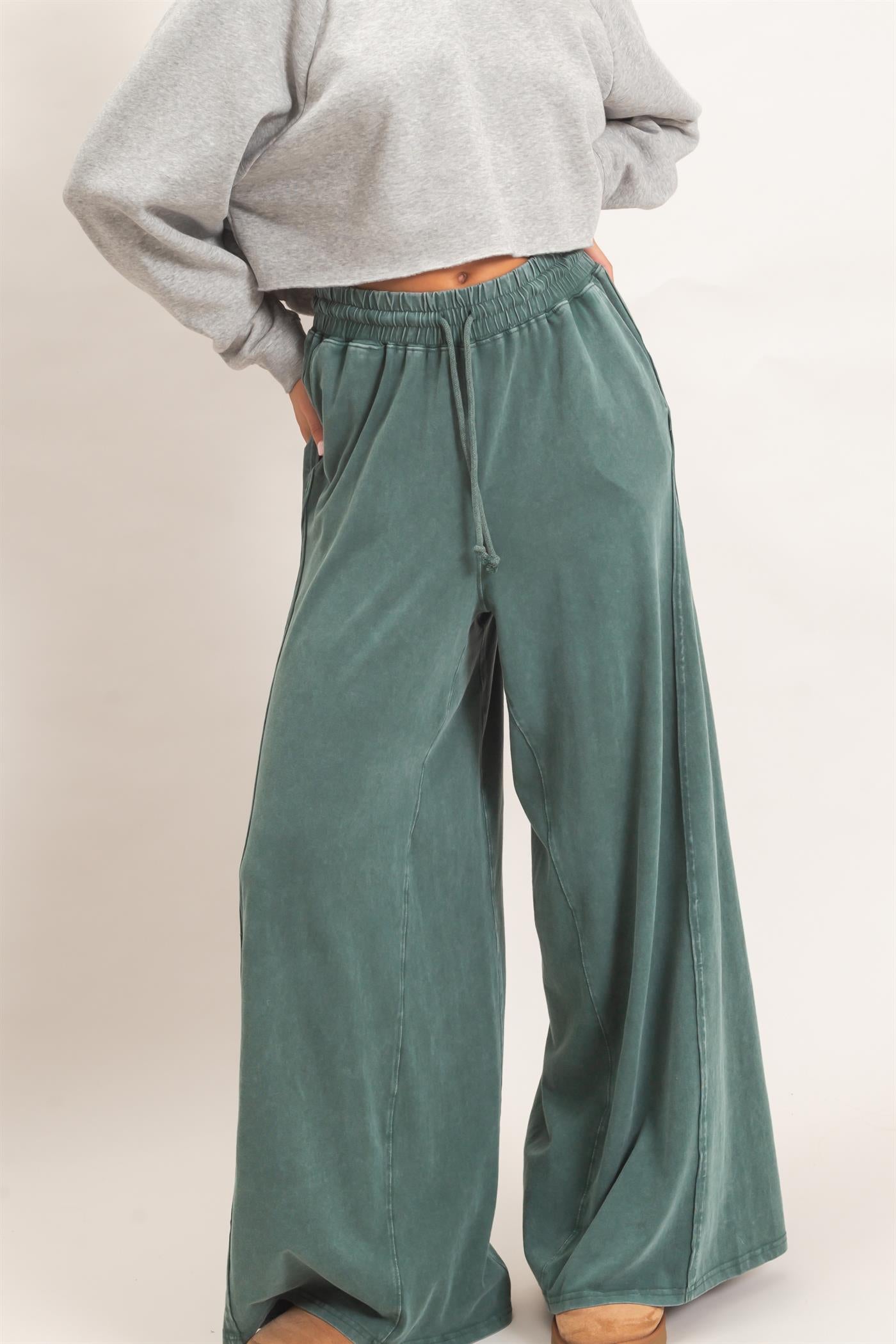 Wholesale Wide Leg Mineral Wash Pants Pants DZ26F406 DARK GREEN DOUBLE ZERO