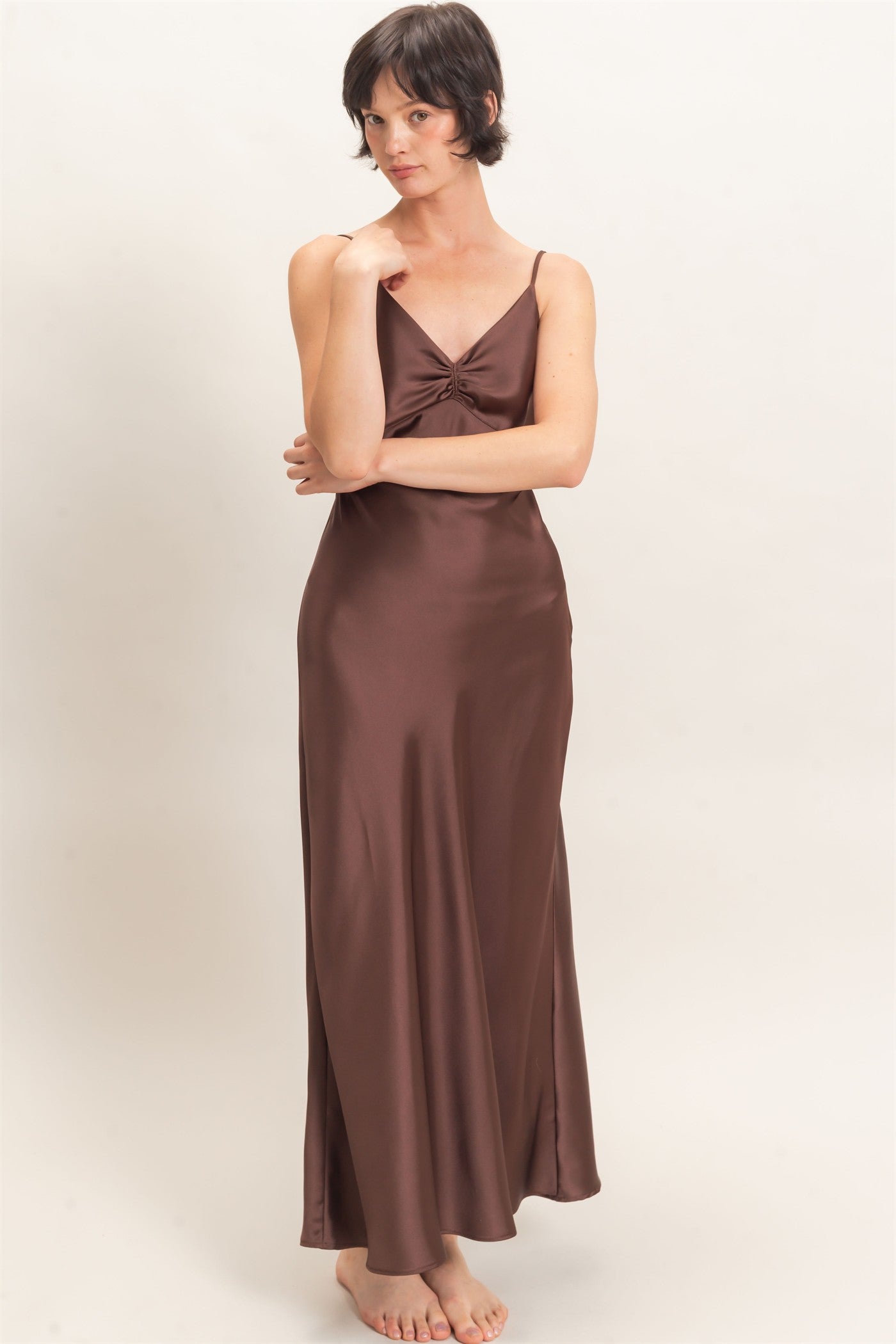 Wholesale Satin Slip Dress With Spaghetti Straps Dresses DZ26E380 DARK BROWN DOUBLE ZERO