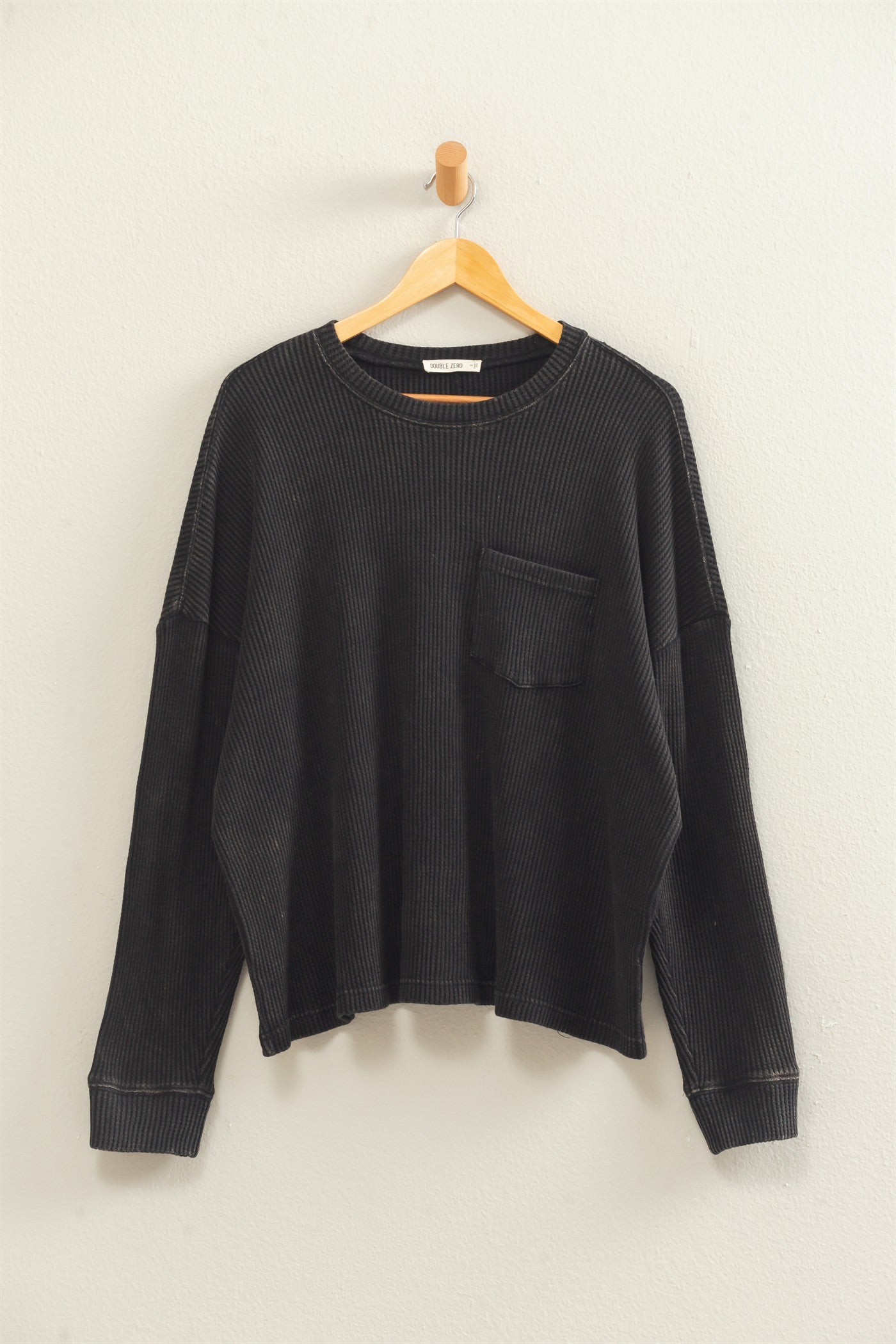 Wholesale Mineral Wash Waffle Long Sleeve Top Clothing Tops DZ26F242 BLACK DOUBLE ZERO