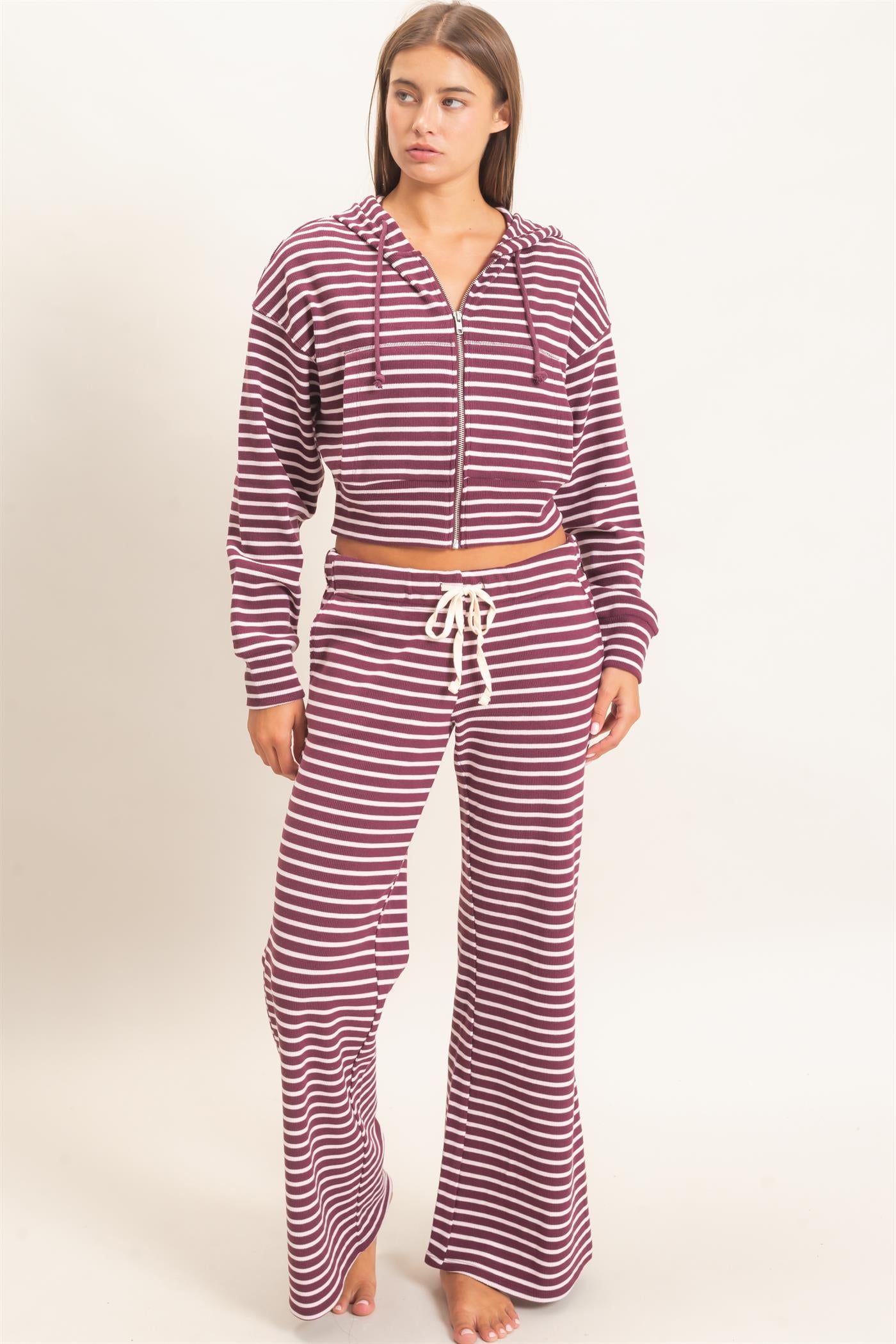 Wholesale Striped Zip-Up Hoodie Hoodies DZ26E433 DARK CHERRY DOUBLE ZERO
