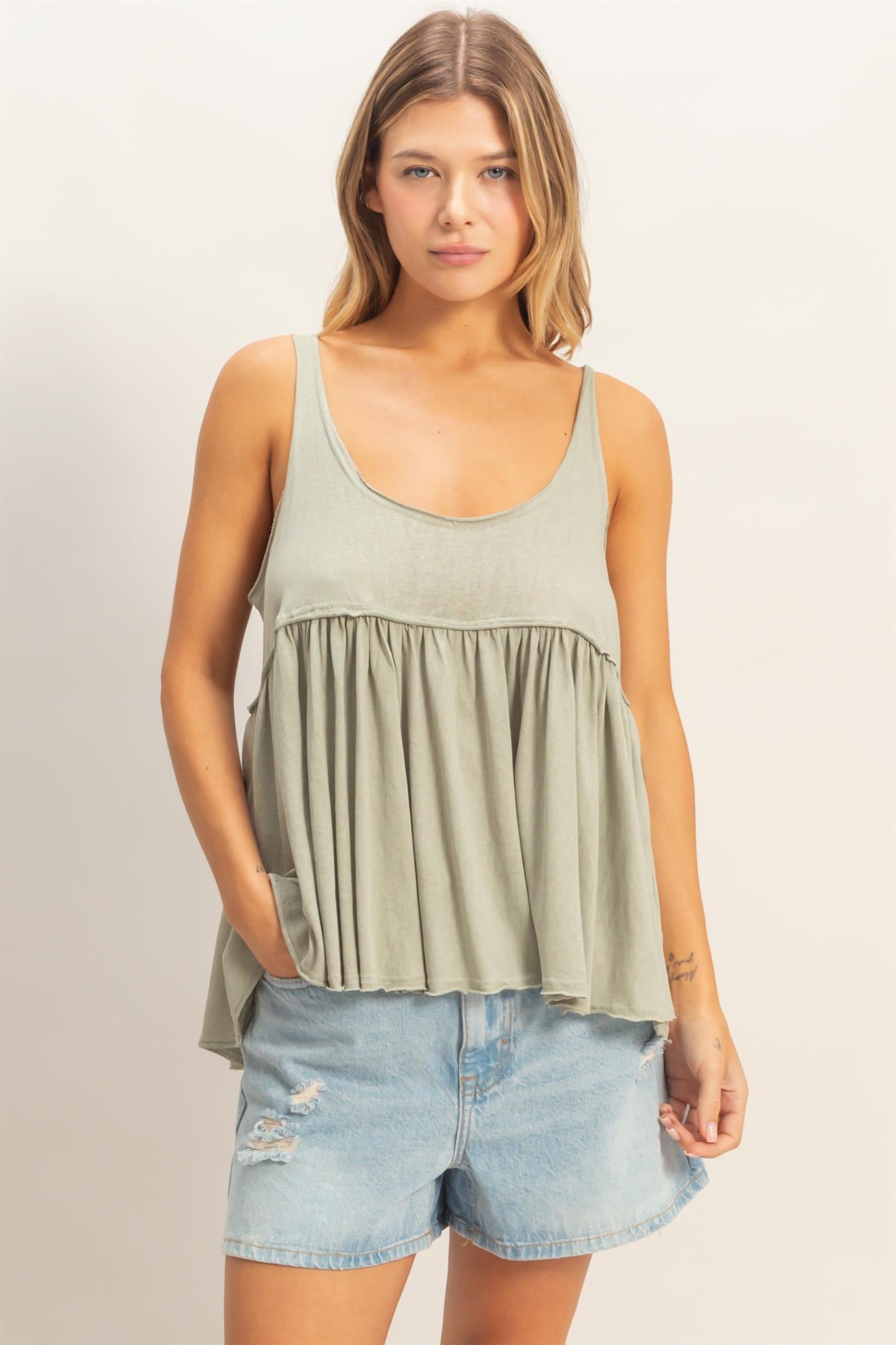 Wholesale Scoop Neck Babydoll Top Tank Tops HF26A376 SAGE HYFVE