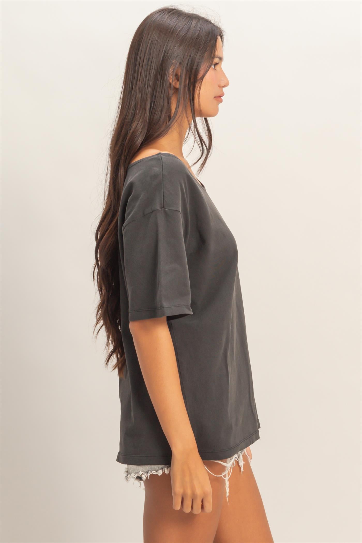 Wholesale Boat Neck Short Sleeve Basic Tee Clothing Tops DZ25E242 BLACK DOUBLE ZERO