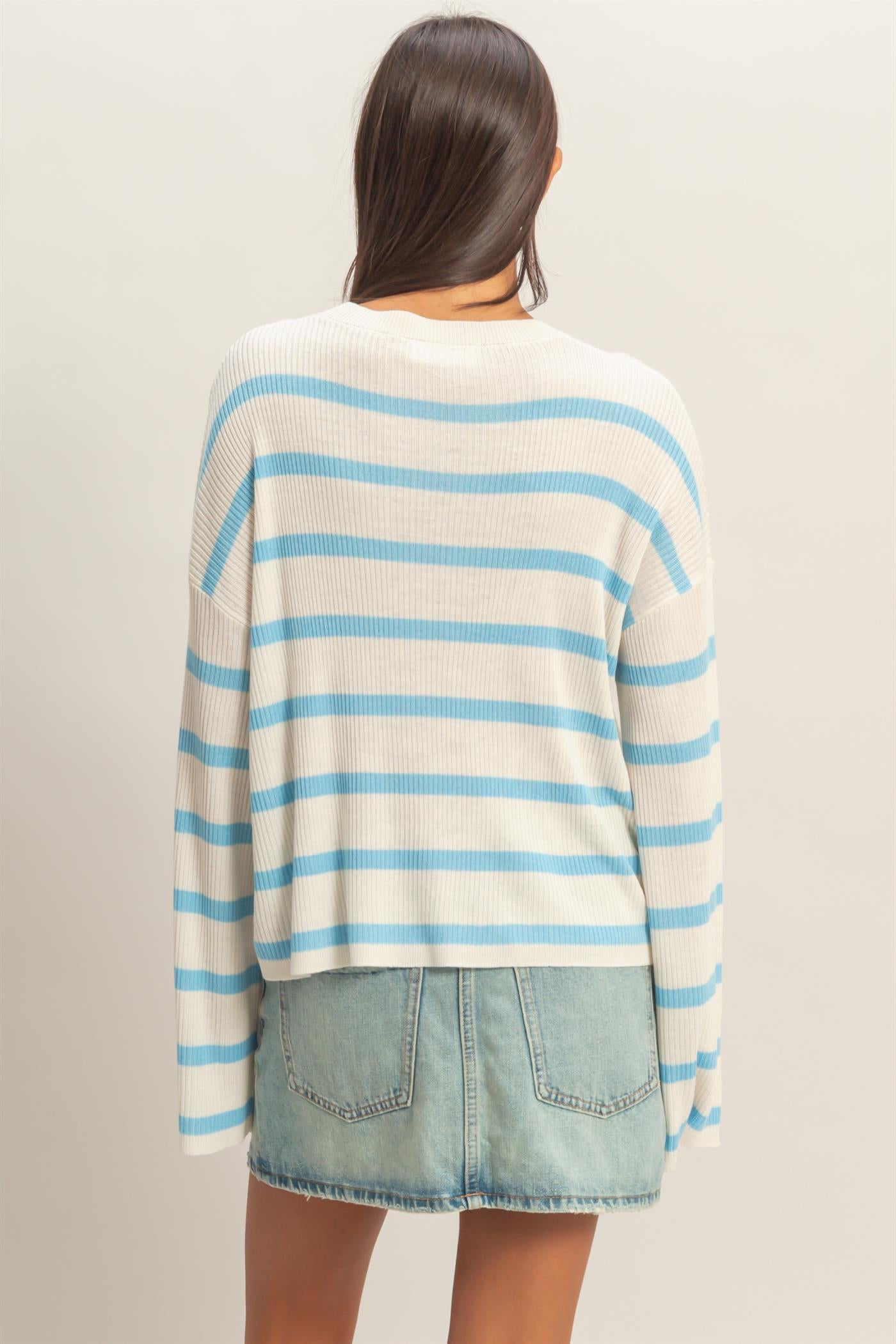Wholesale Lightweight Wide-Sleeve Striped Sweater Clothing Tops DZ26A329 BLUE DOUBLE ZERO