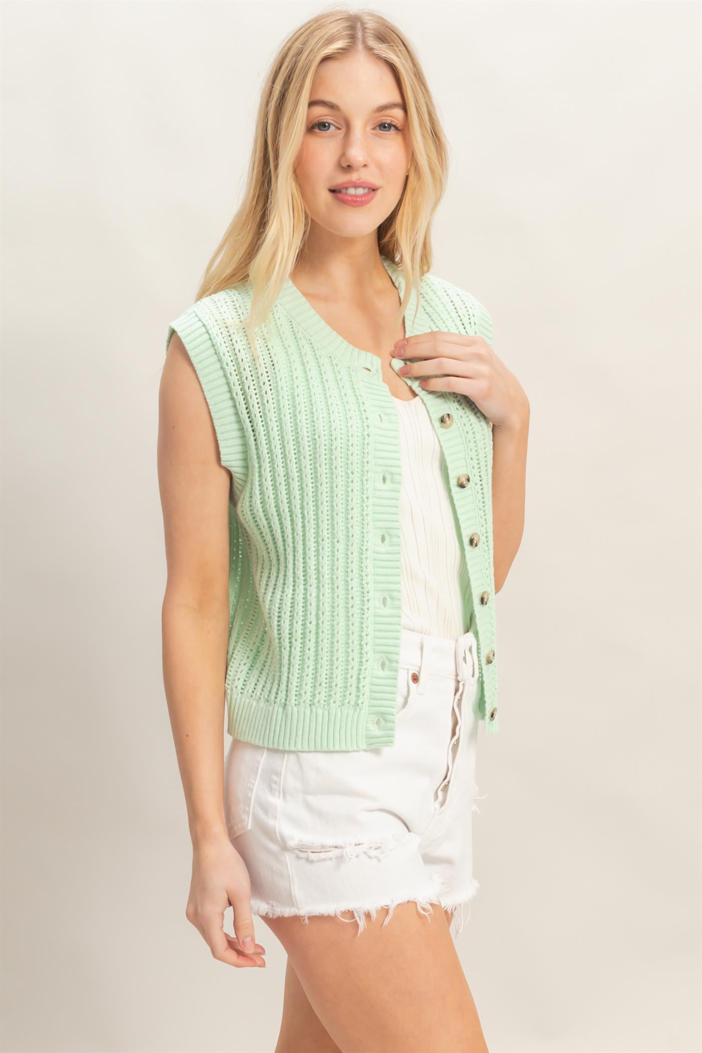 Wholesale Sleeveless Ribbed Button Top Sweaters HF26A356 L.SAGE HYFVE