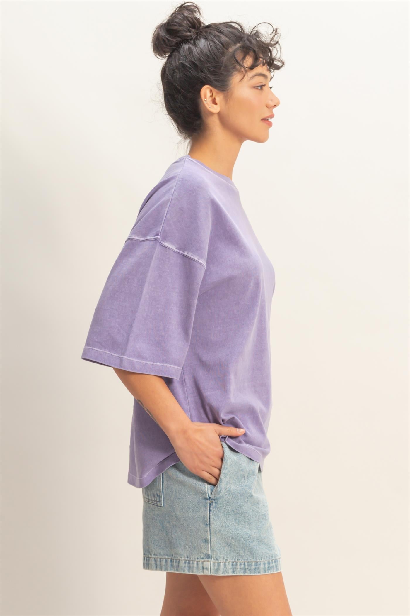 Wholesale Pigment Dye Oversized Half-Sleeve T-Shirt Clothing Tops DZ26A459 DUSTY PURPLE DOUBLE ZERO