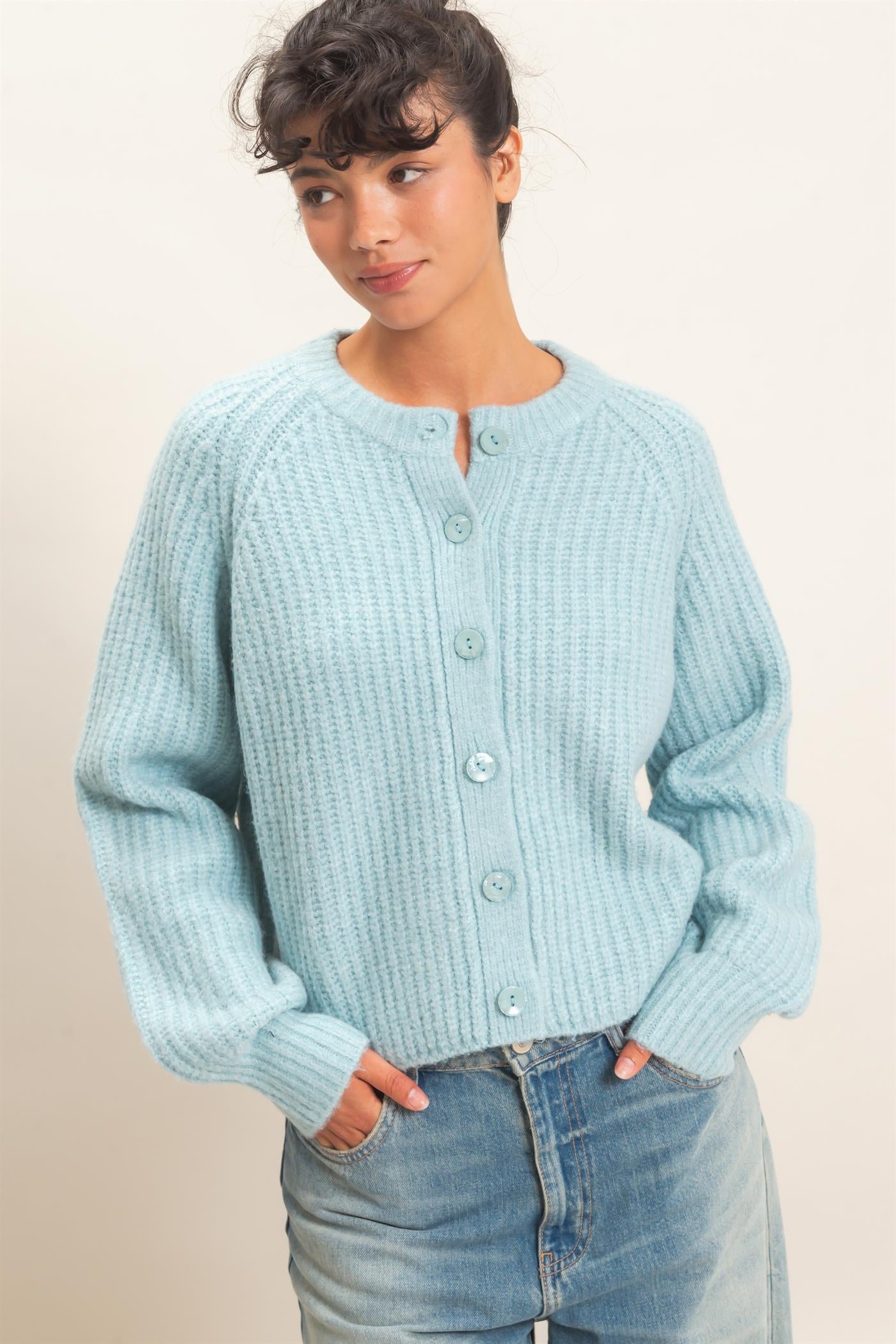Wholesale Ribbed Button Front Cardigan Cardigans DZ26E109 STEEL BLUE DOUBLE ZERO