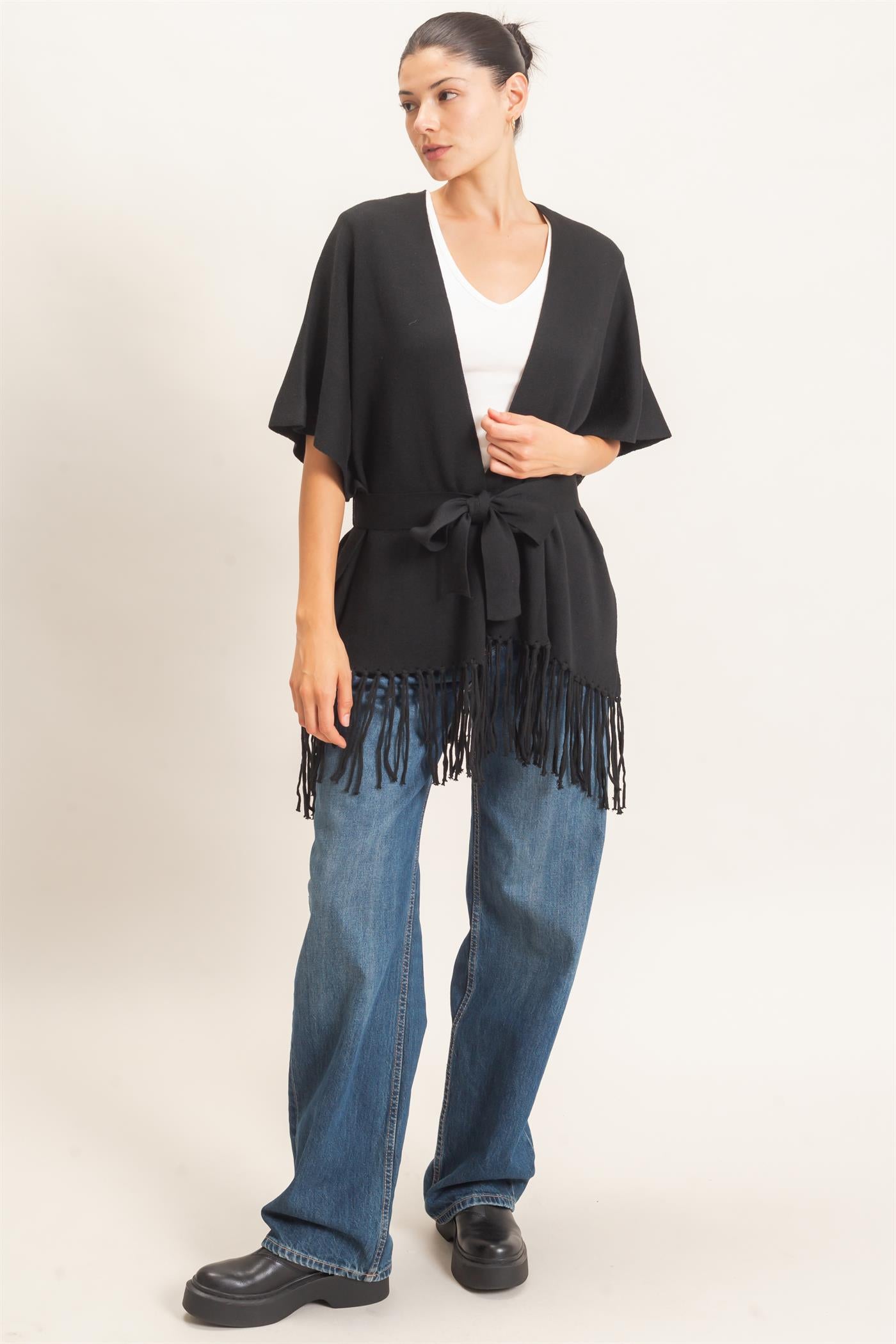 Wholesale Fringe Hem Kimono Sweater Kimonos HF26E041 BLACK HYFVE