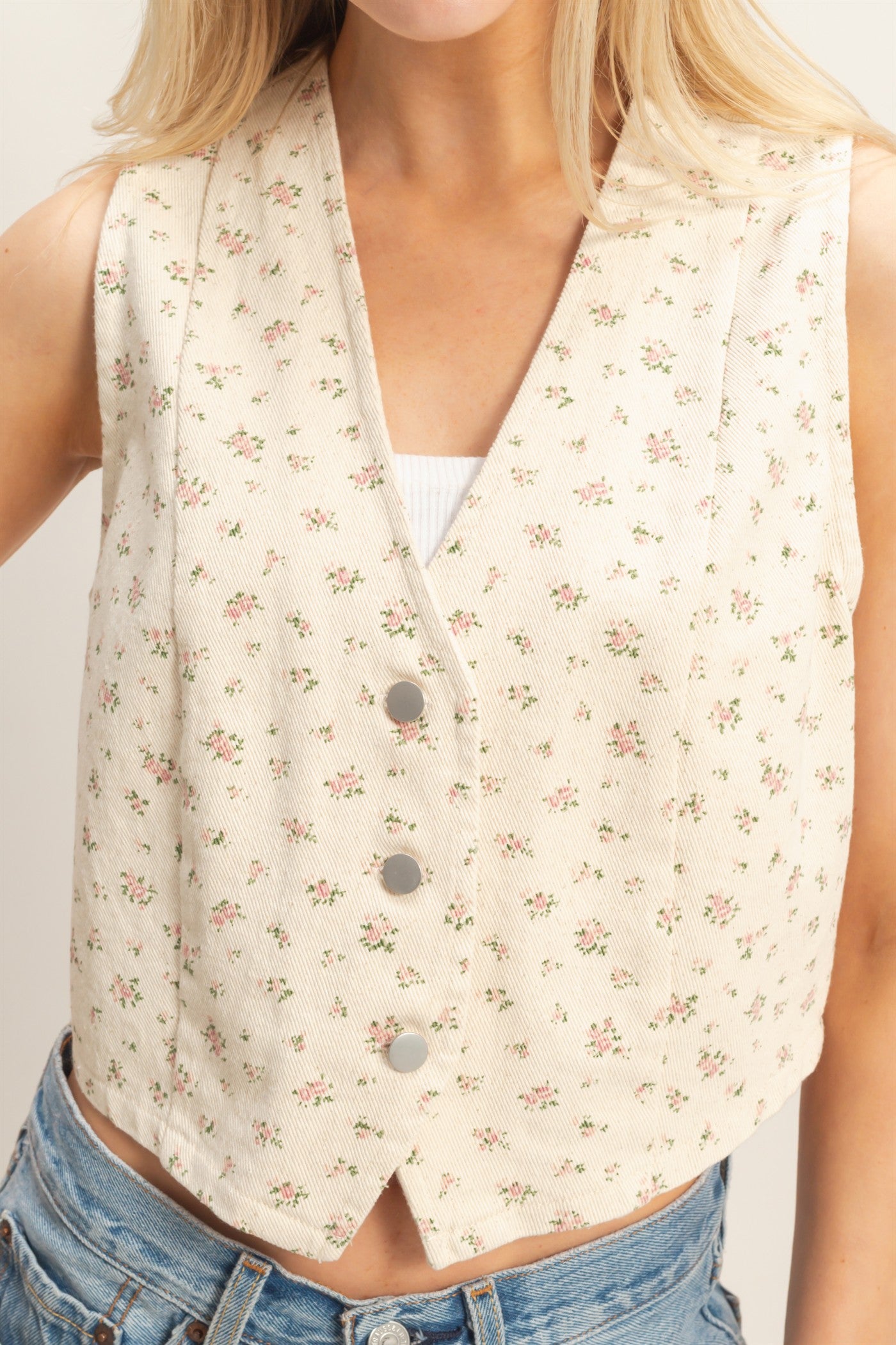 Wholesale Floral Button-Down Vest Vests HF26C812 PINK HYFVE