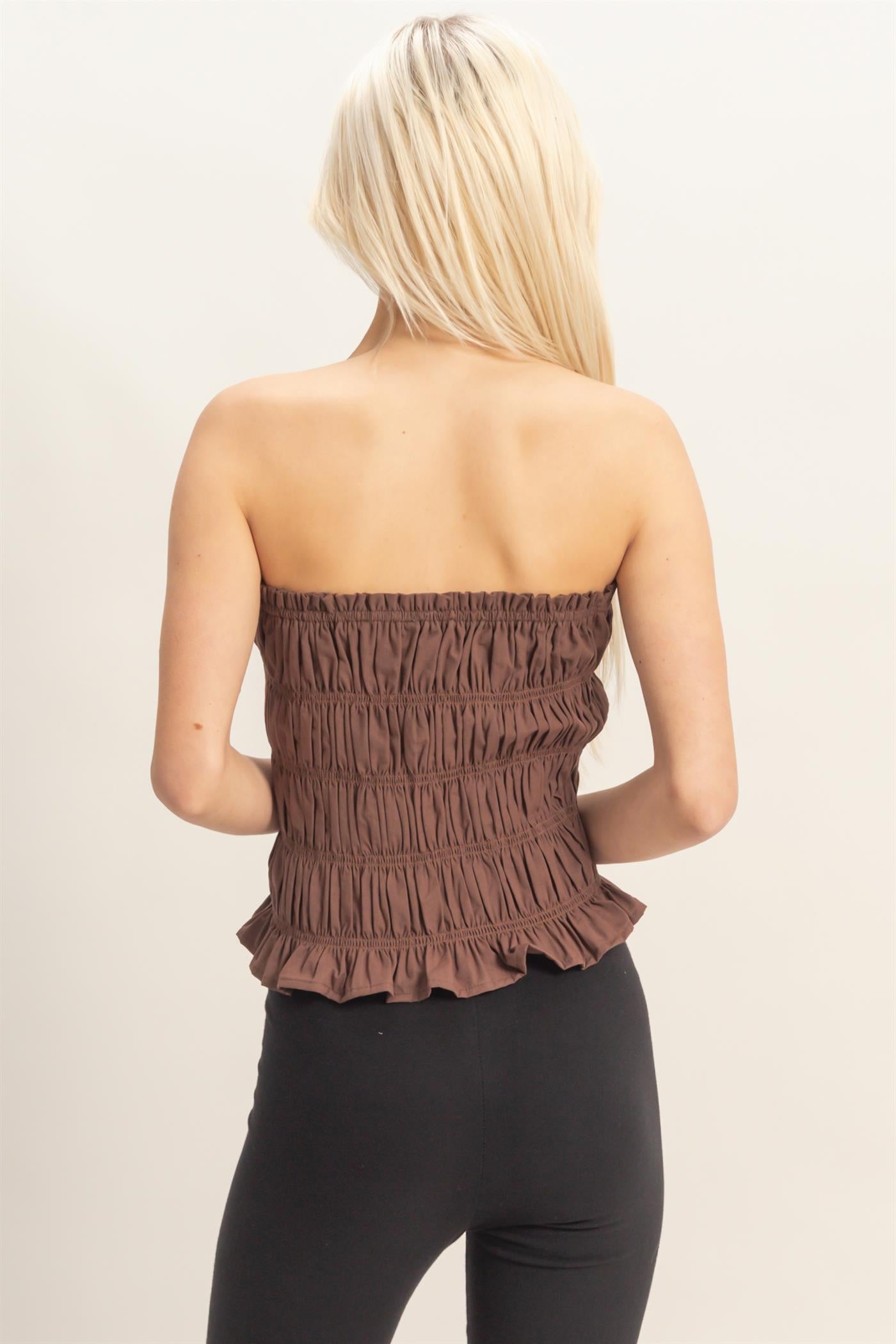 Wholesale Smocked Ruffle Tube Top Clothing Tops DZ26C282 CHOCOLATE DOUBLE ZERO