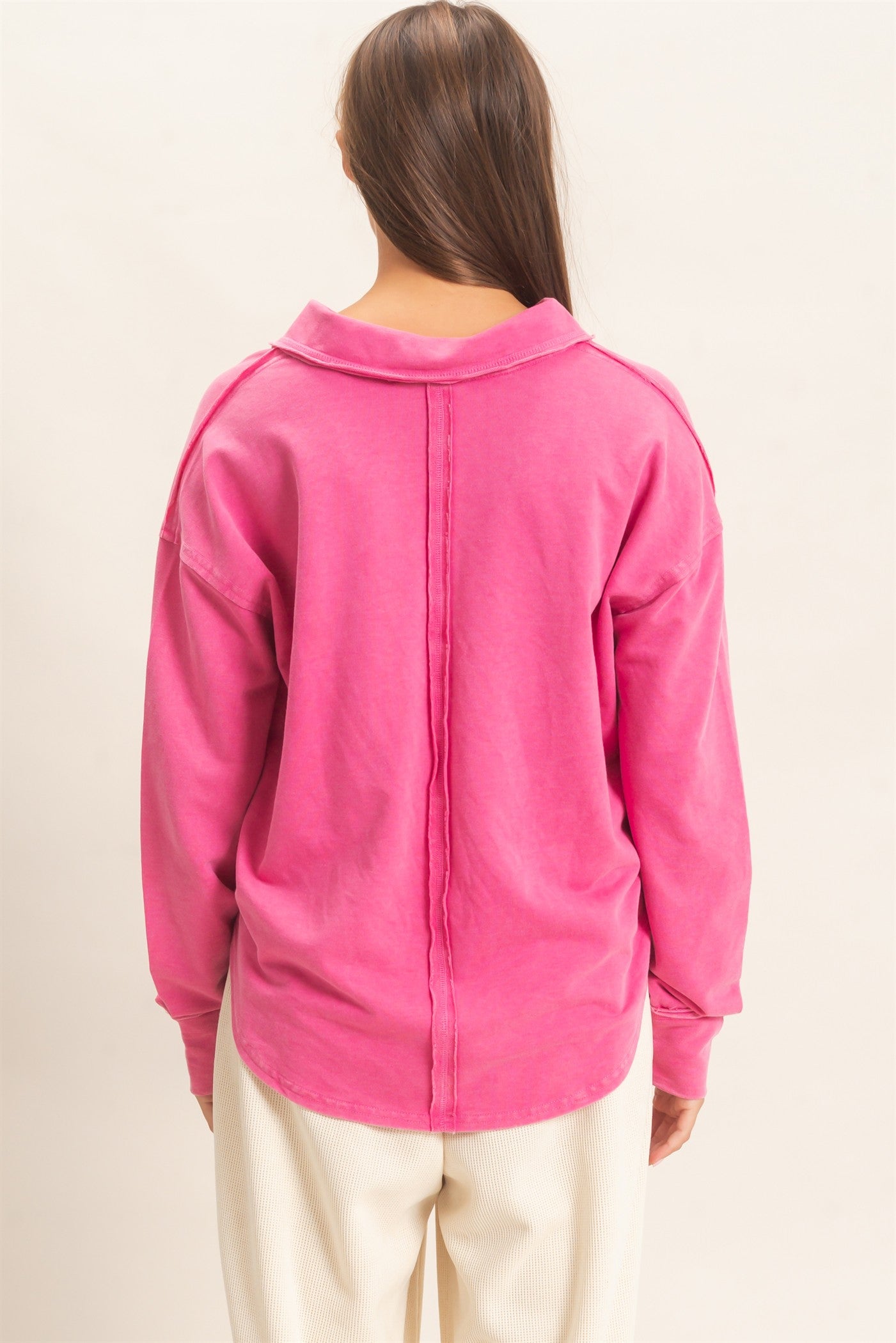 Wholesale Mineral Washed Polo Collar Long Sleeve Top Polos DZ26E887 FUCHSIA DOUBLE ZERO