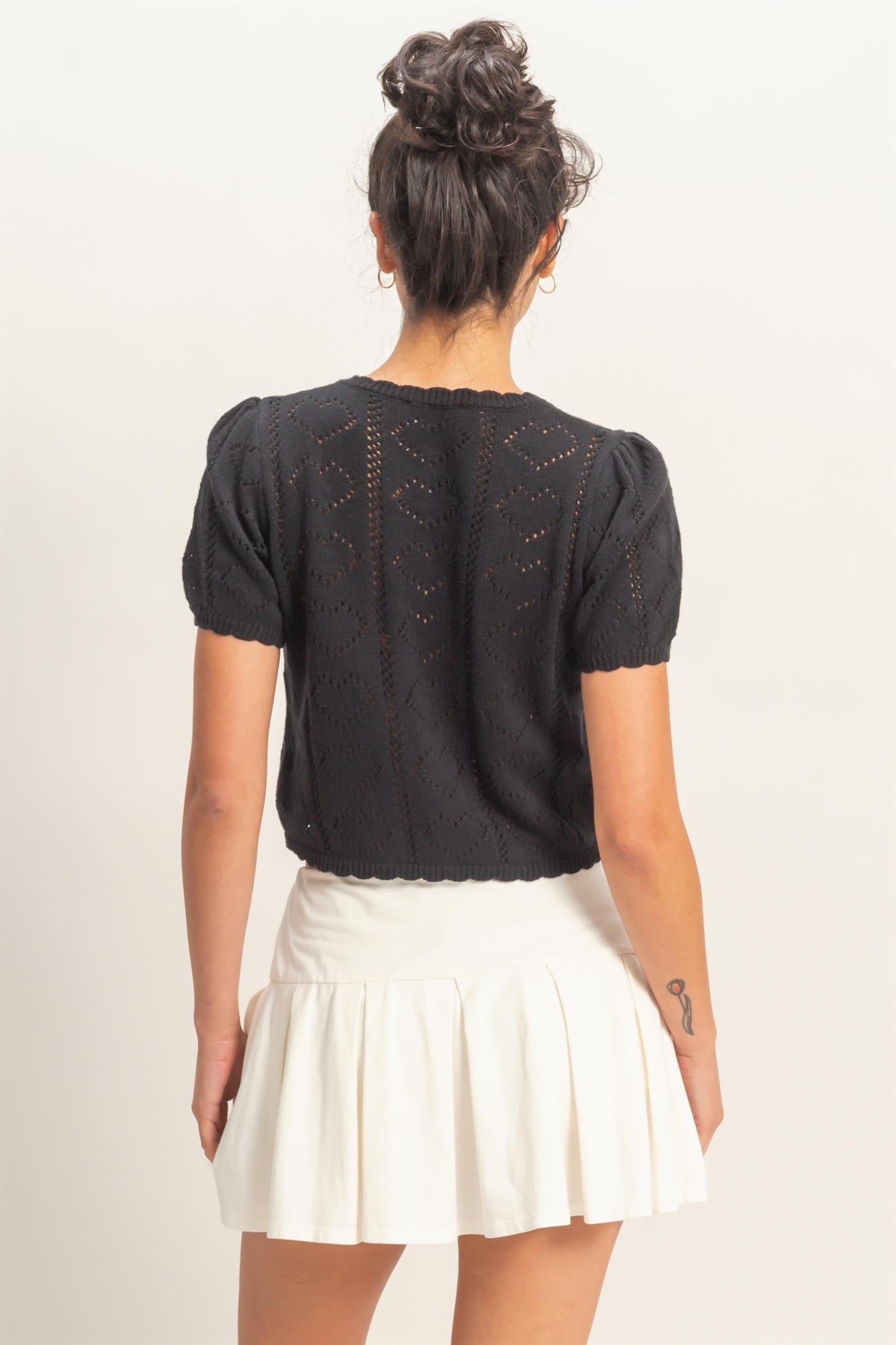 Wholesale Pointelle Knit Puff Sleeve Button Up Cardigan Cardigans DZ26A425 BLACK HYFVE