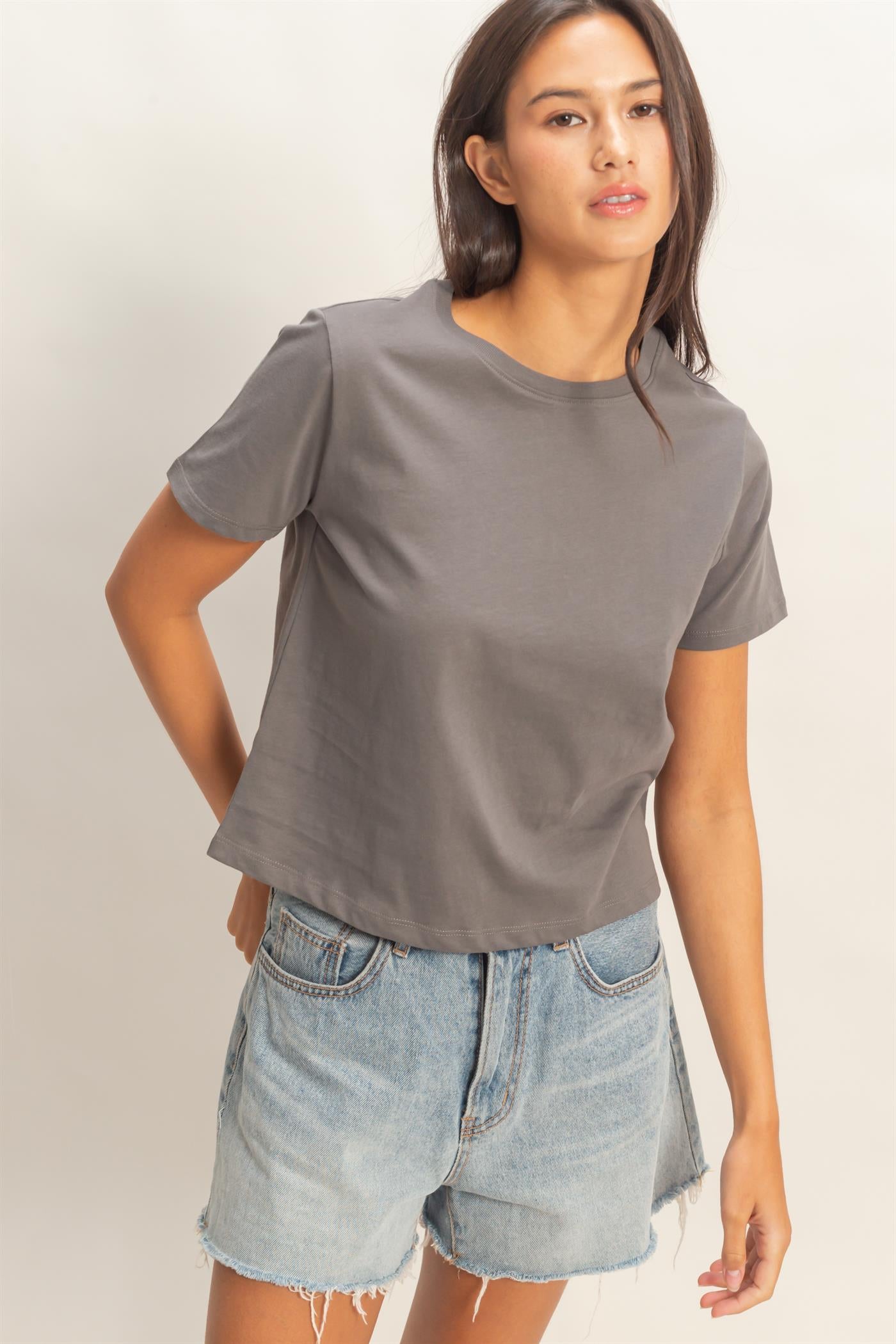 Wholesale Crew Neck Cotton T-Shirt Clothing Tops DZ26C412 CHARCOAL DOUBLE ZERO