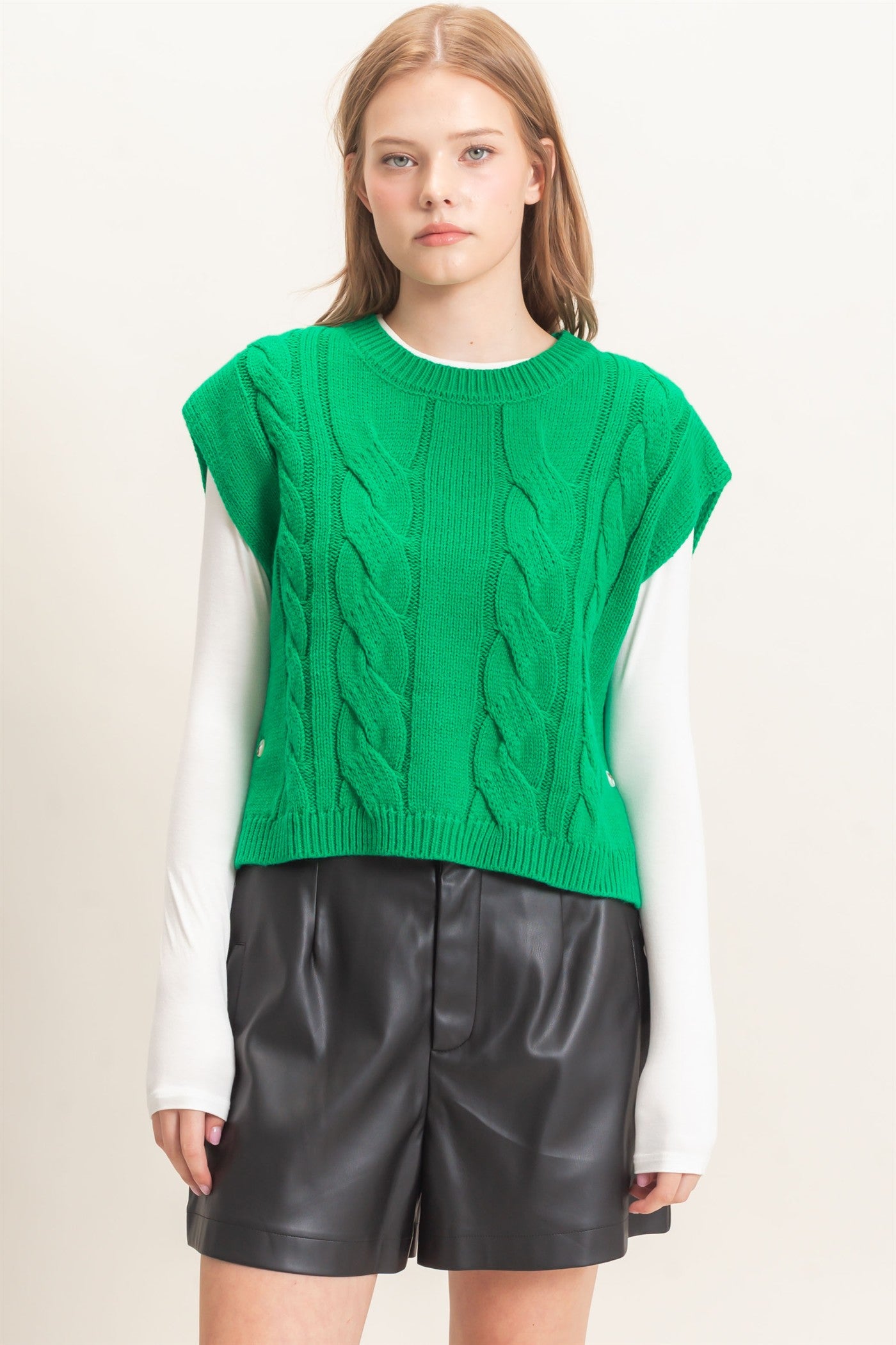 Wholesale Cable Knit Vest With Side Buttons Sweaters HF26F193 GREEN HYFVE