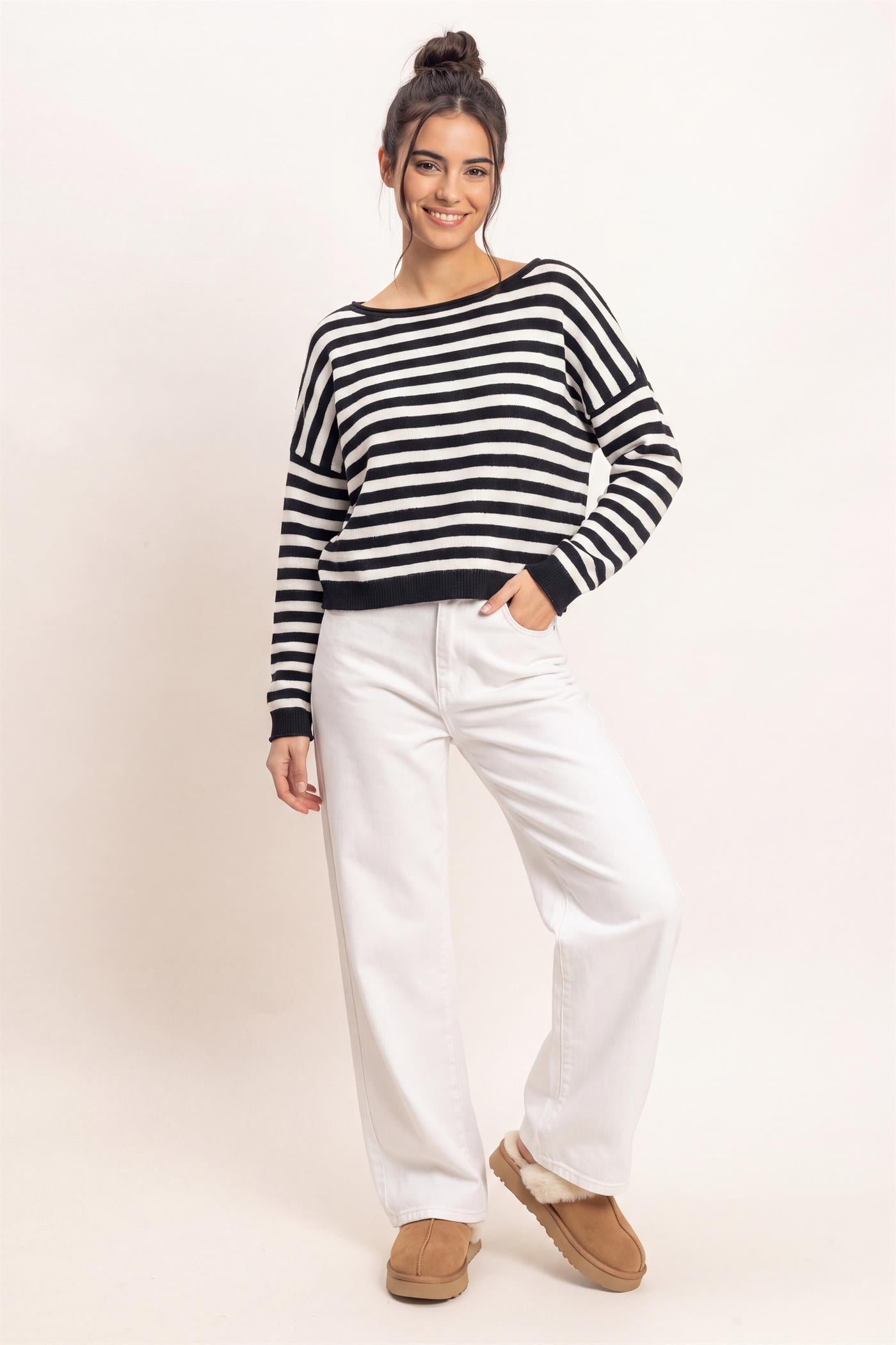 Wholesale Off The Shoulder Striped Sweater Sweaters DZ26E653 BLACK DOUBLE ZERO