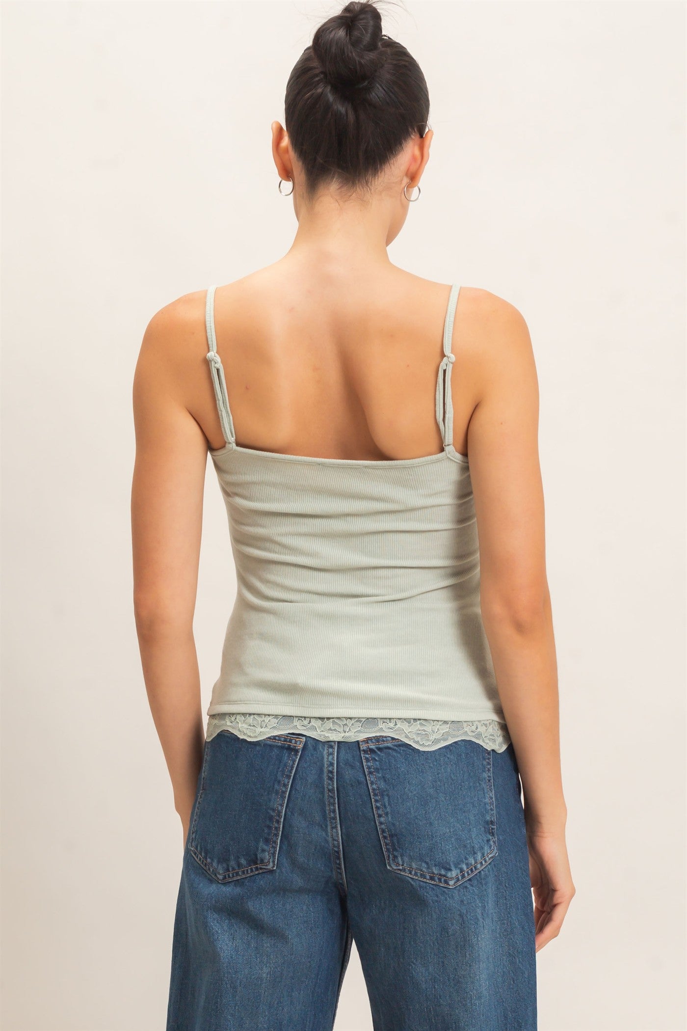 Wholesale Knit Lace Trim Camisole Tank Tops HF26E014 SAGE GEEEN HYFVE