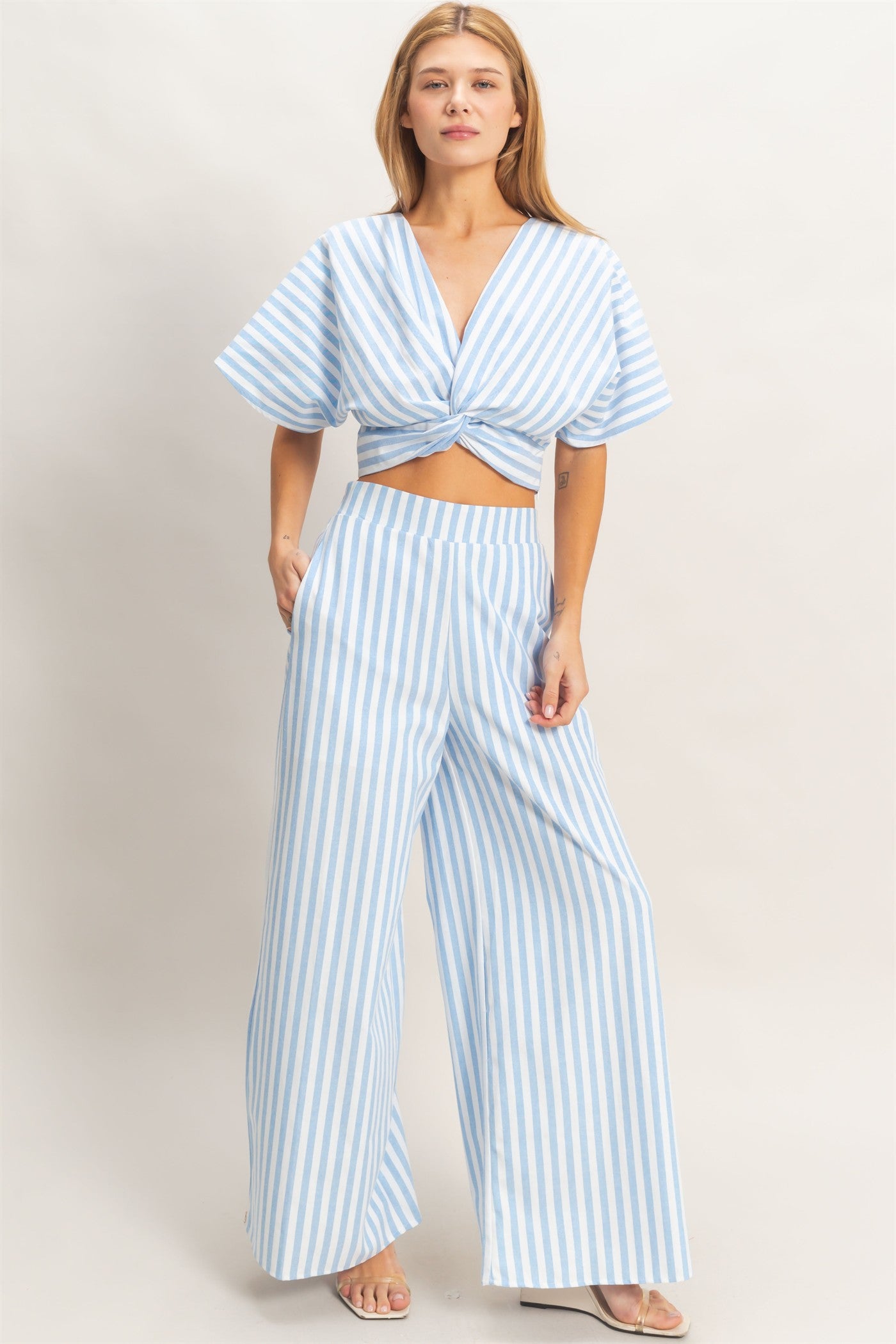 Wholesale Striped Twist Front Top & Pants Clothing HF26A692-SET BLUE DOUBLE ZERO
