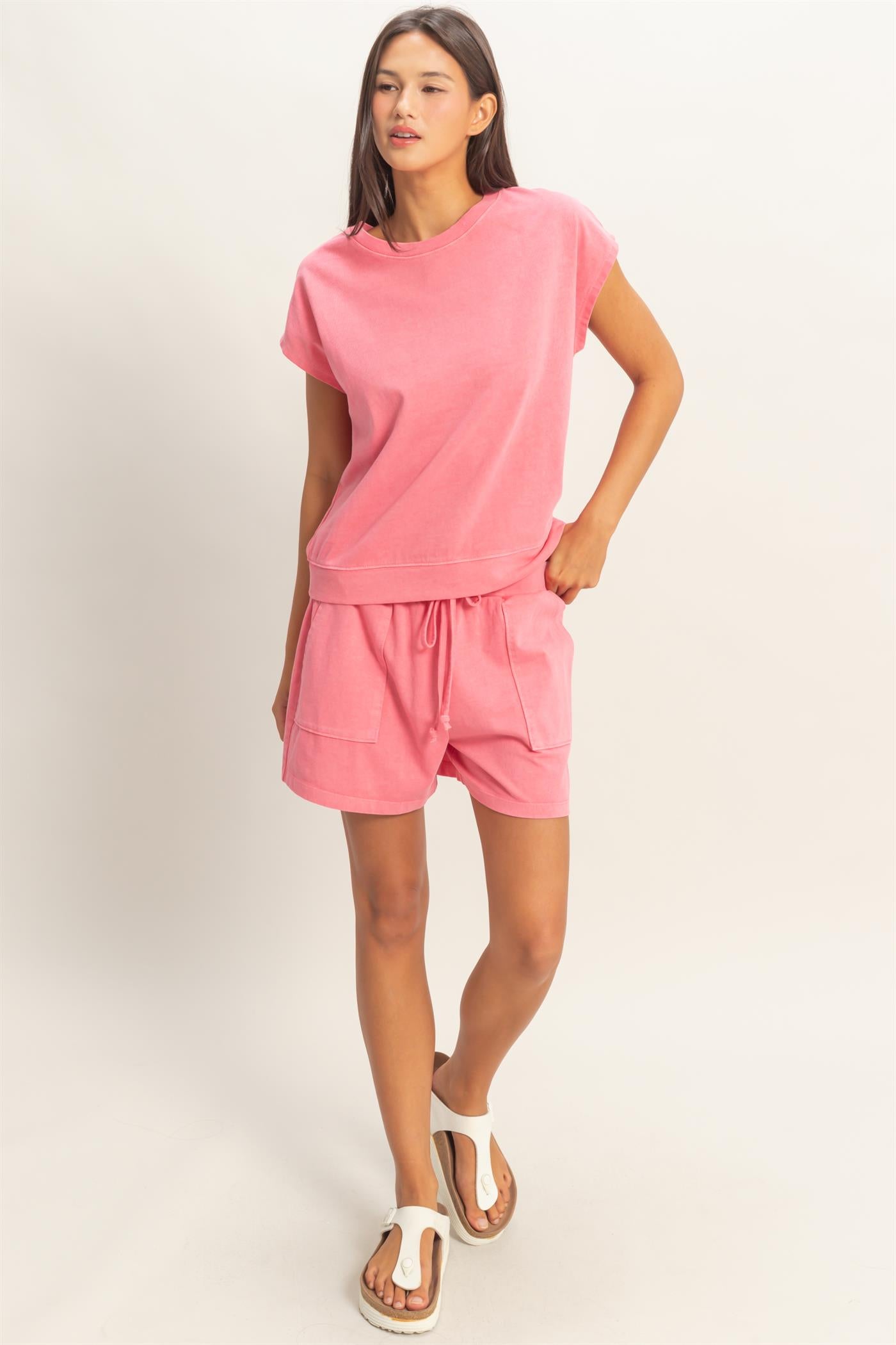 Wholesale Sleeveless Crew Neck Top and Shorts Set Clothing DZ26A028-SET TAFFY PINK DOUBLE ZERO