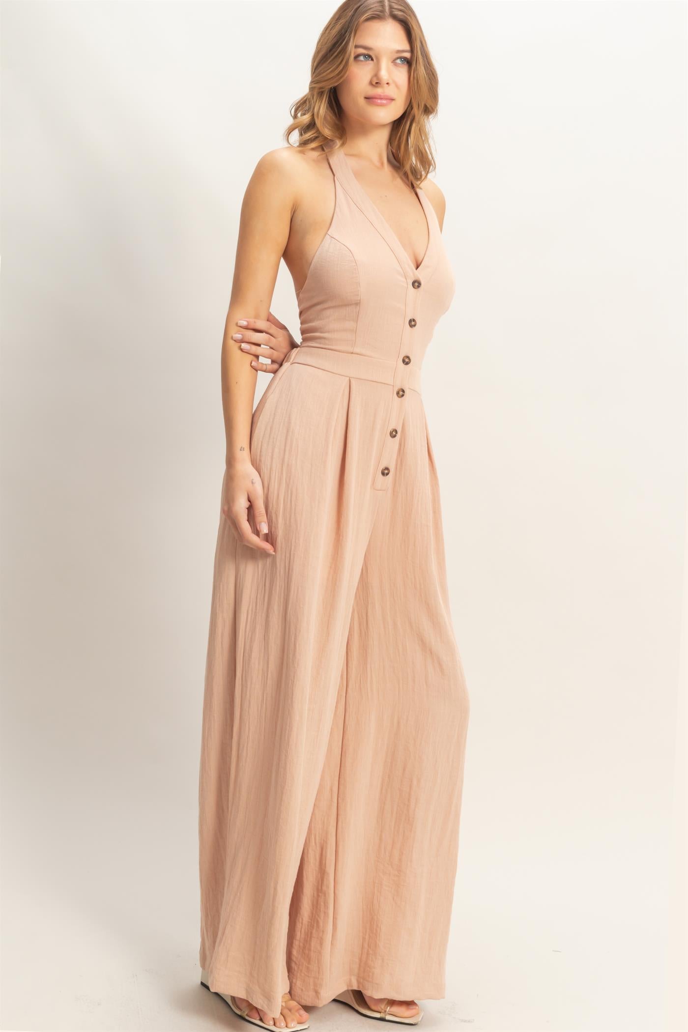 Wholesale Halter Button-Front Jumpsuit Clothing HF26A615-D PEACH BLUSH HYFVE