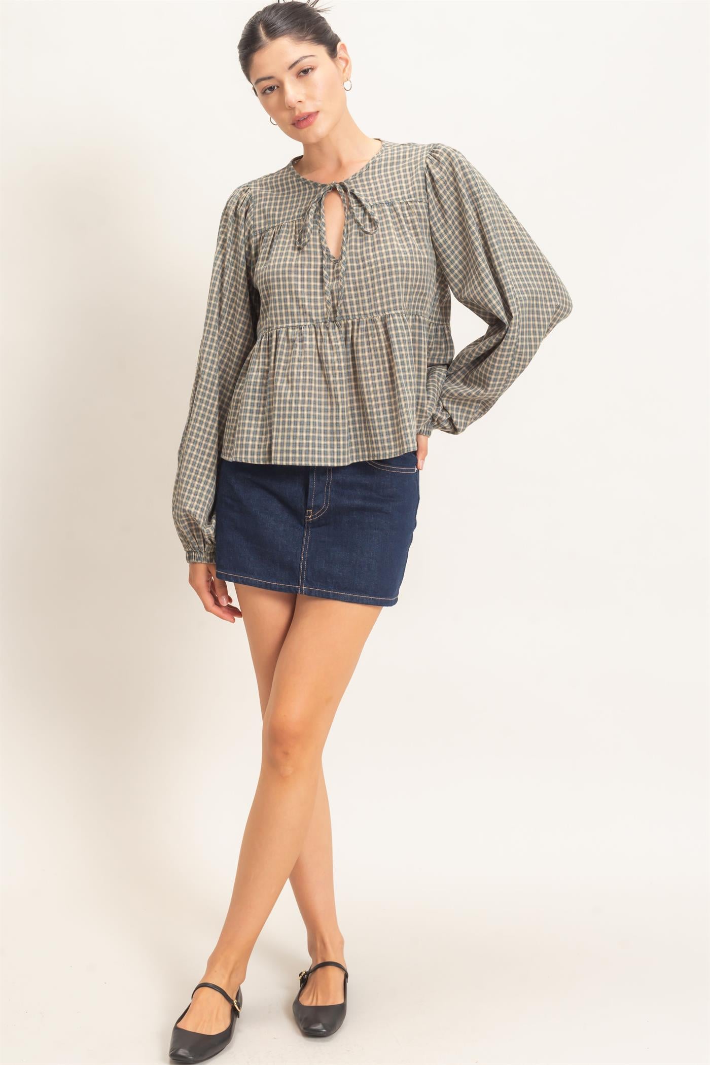 Wholesale Checkered Tie Neck Top Clothing Tops HF26E732 TEAL BLUE HYFVE