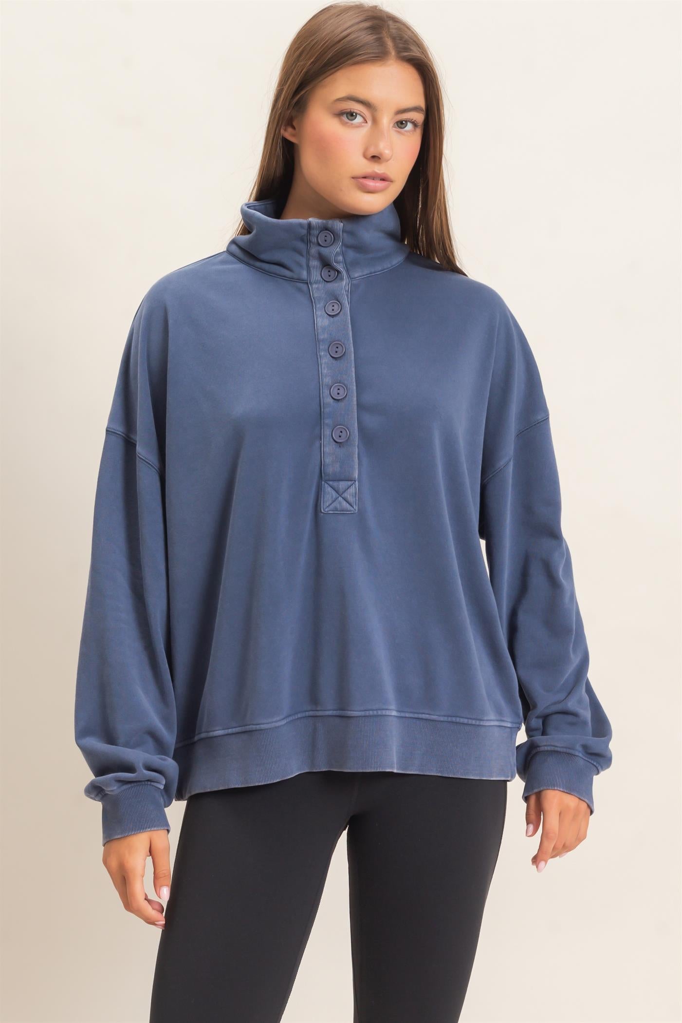 Wholesale Mineral Wash Button Front Sweatshirt Sweatshirts DZ26C909 NAVY DOUBLE ZERO