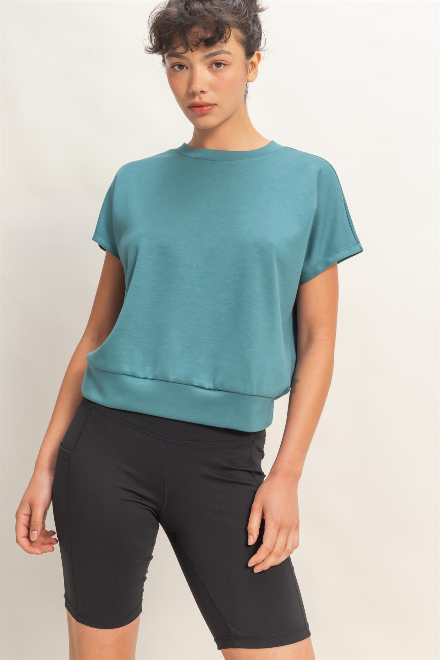 Wholesale Crew Neck Short Dolman Sleeve Top Clothing Tops DZ26C205 DARK TEAL DOUBLE ZERO