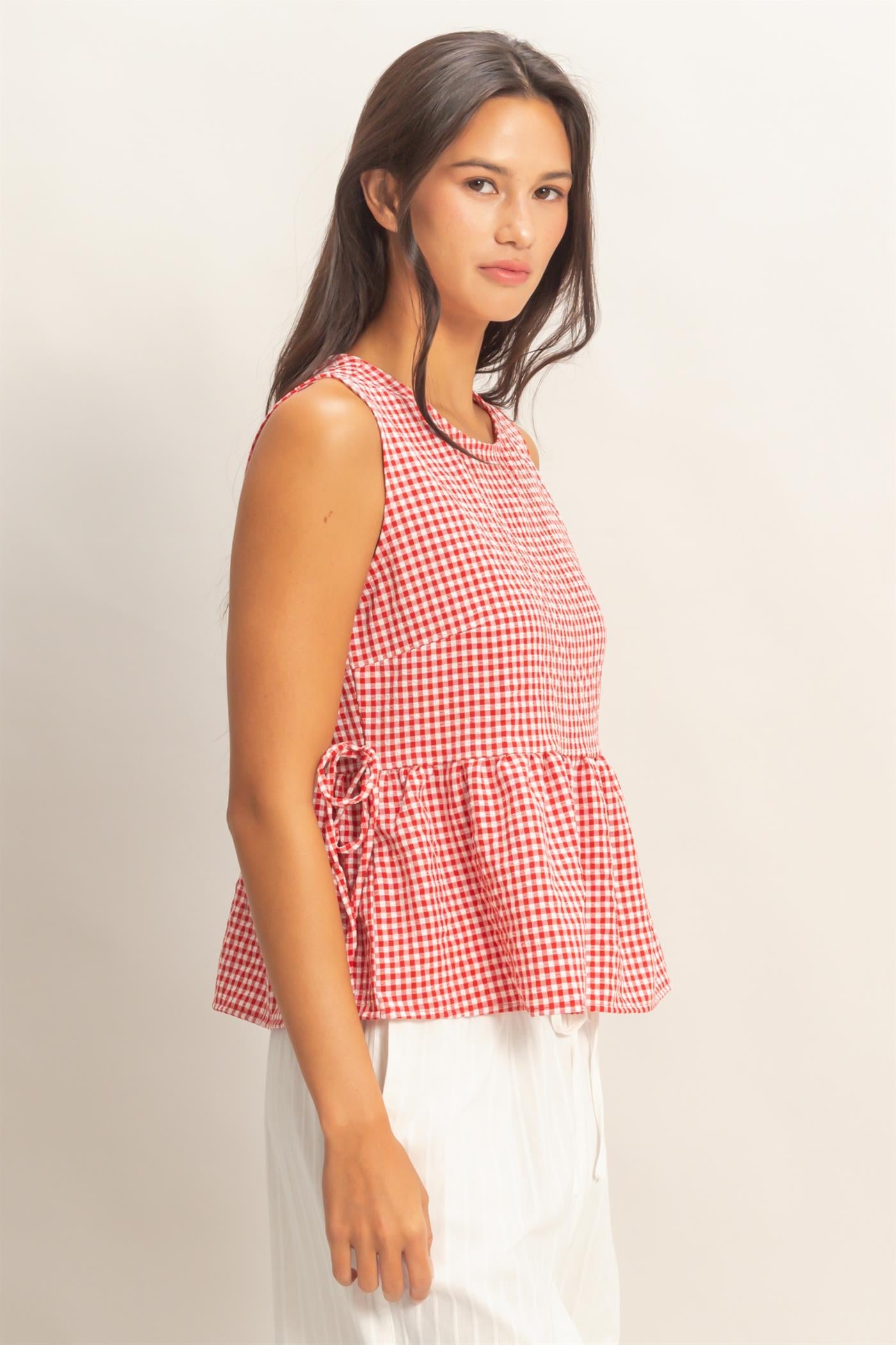 Wholesale Gingham Sleeveless Peplum Top With Side Ties Blouses DZ26C073 RED HYFVE