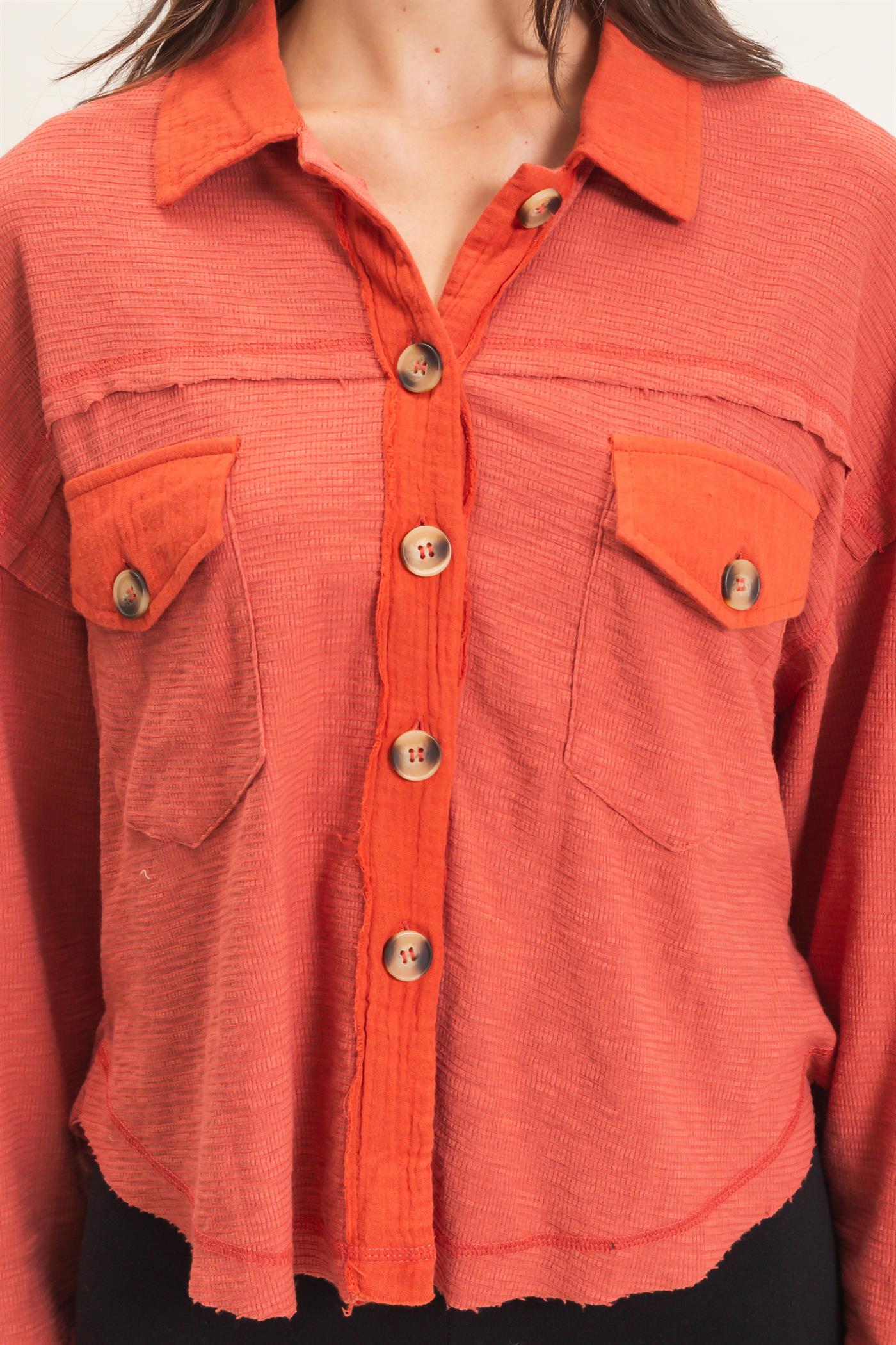Wholesale Textured Button-Up Shirt Clothing Tops HF26C878 BRICK HYFVE