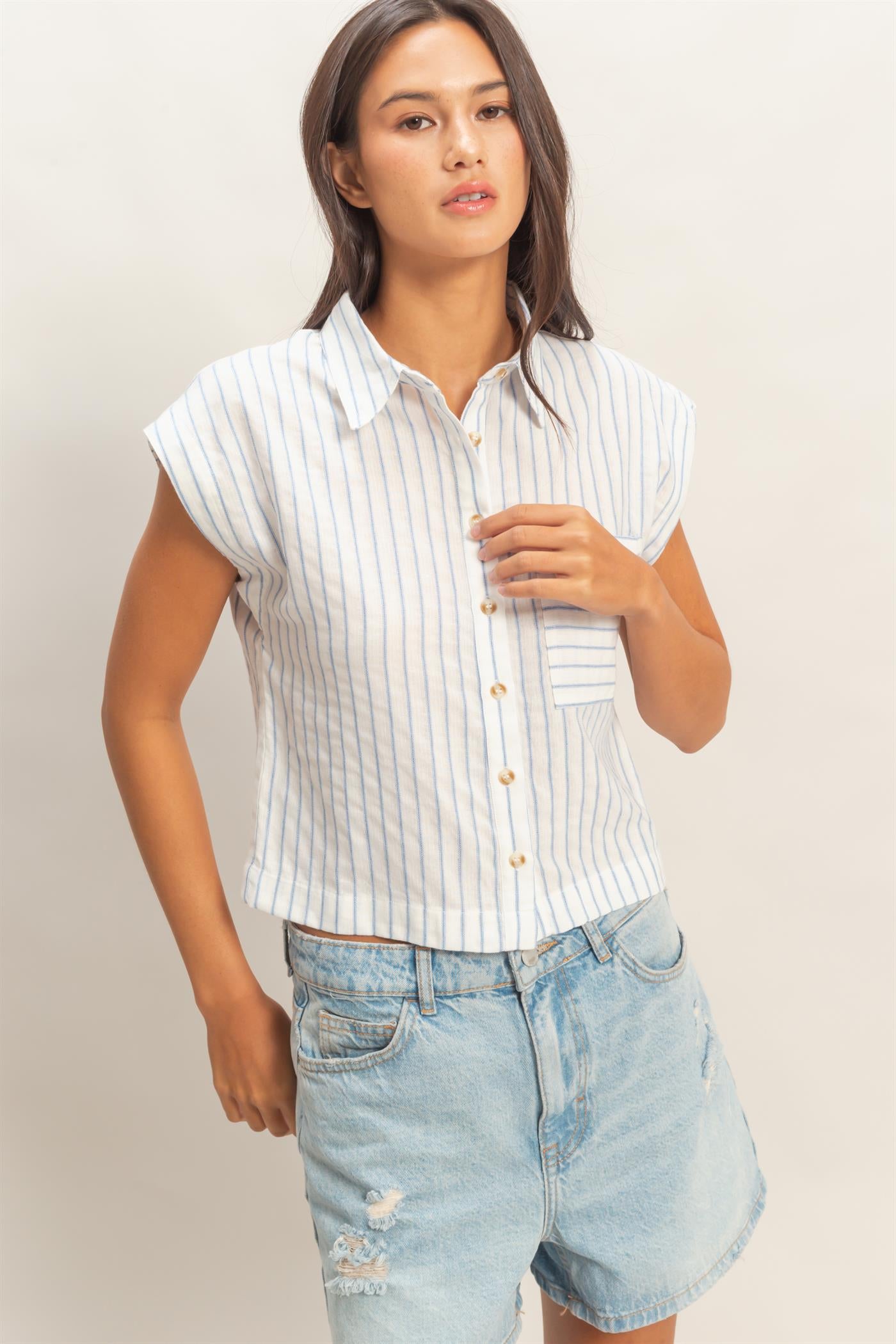 Wholesale Striped Sleeveless Button-Up Shirt Clothing Tops DZ26A206 BLUE DOUBLE ZERO