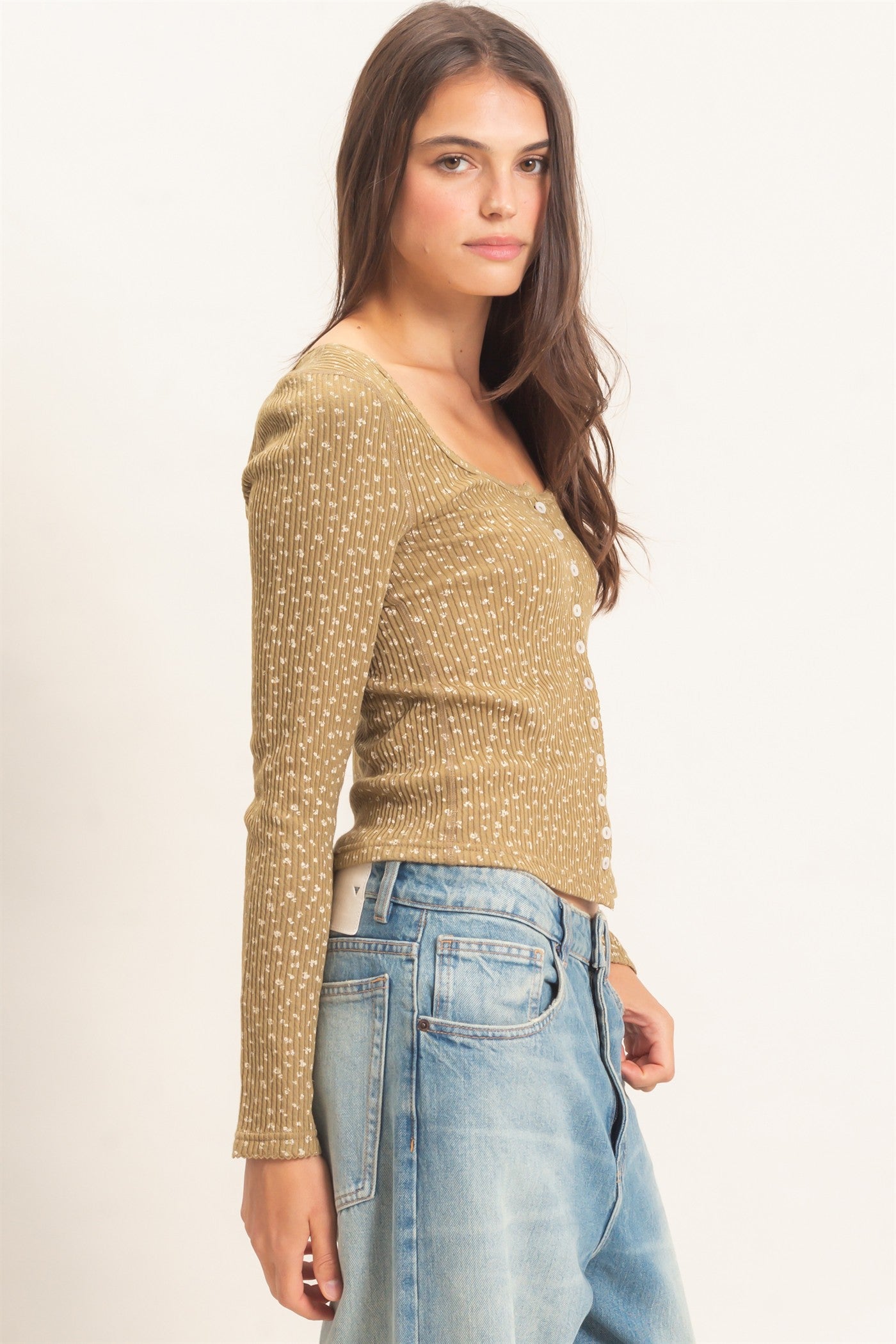 Wholesale Square Neck Button-Up Top Clothing Tops HF26E675 OLIVE HYFVE