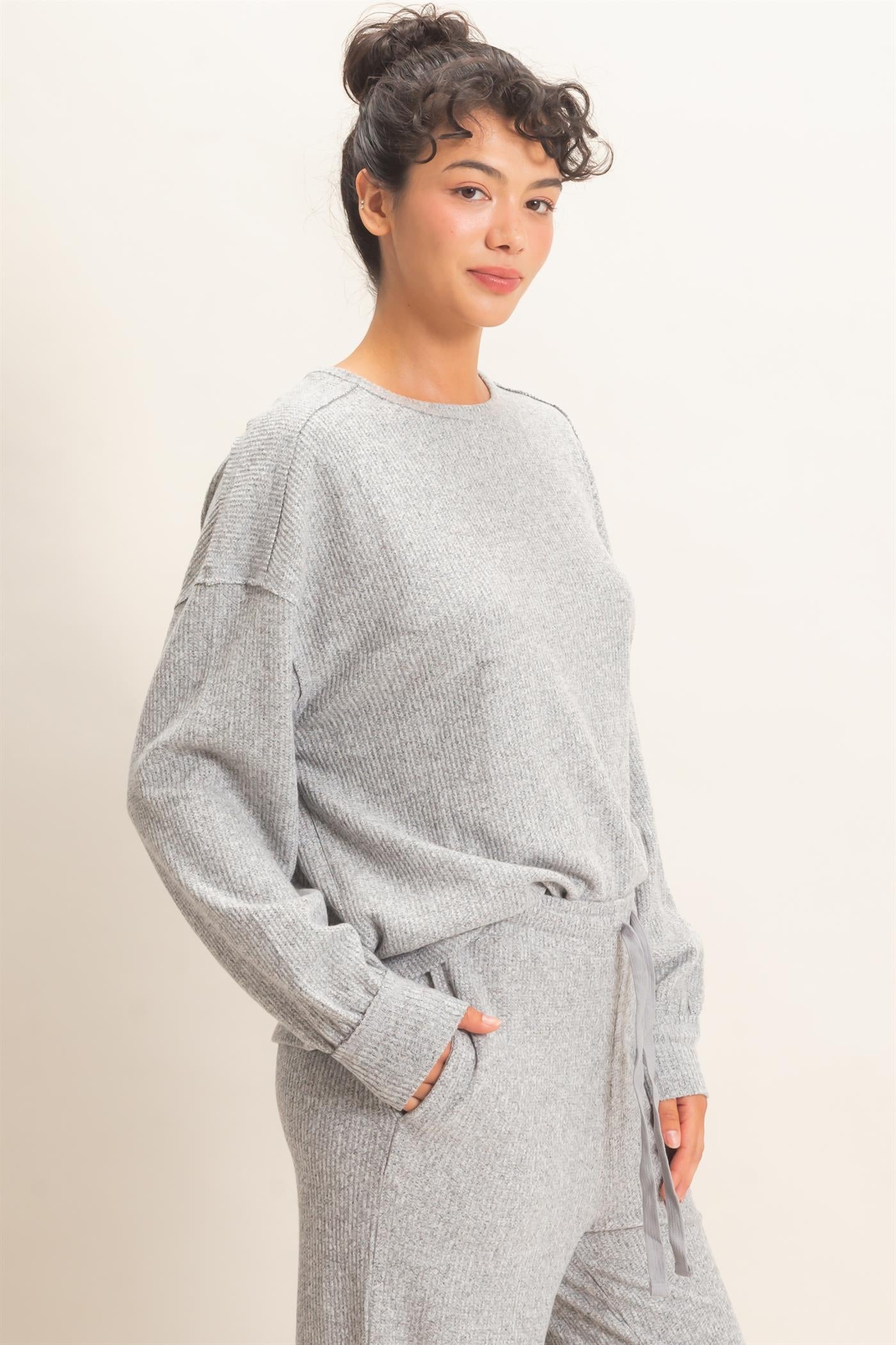 Wholesale Raw Edge Waffle Sweatshirt Sweatshirts DZ26F081 HEATHER GRAY HYFVE