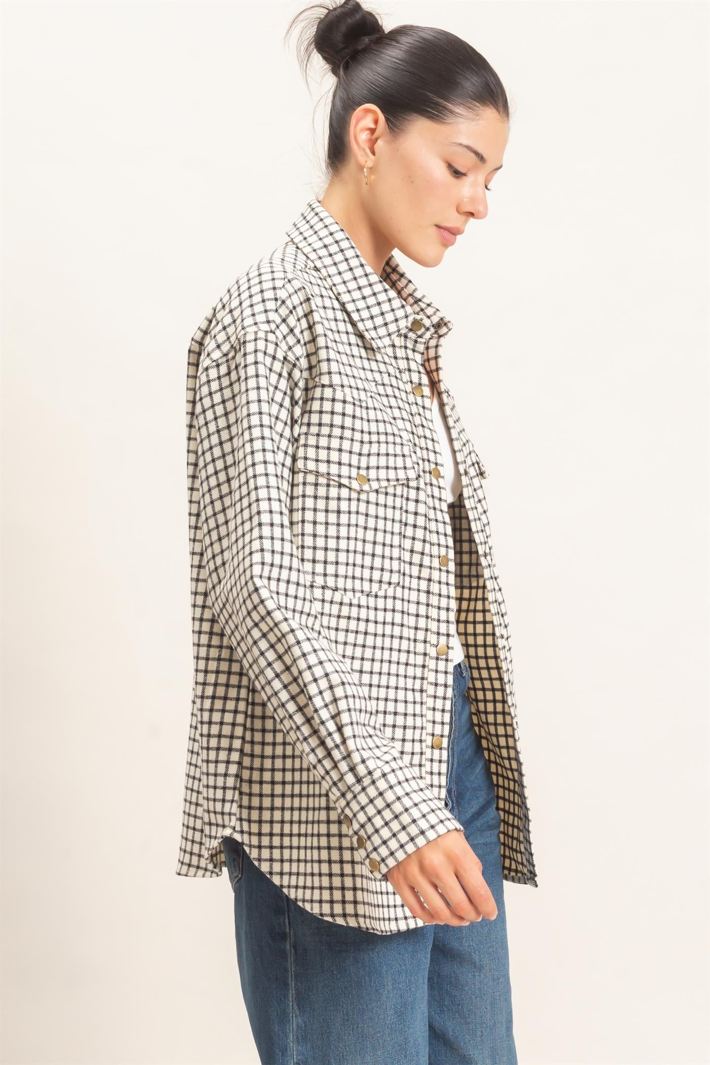 Wholesale Plaid Button-Up Shirt Clothing Tops HF25F450 WHITE HYFVE
