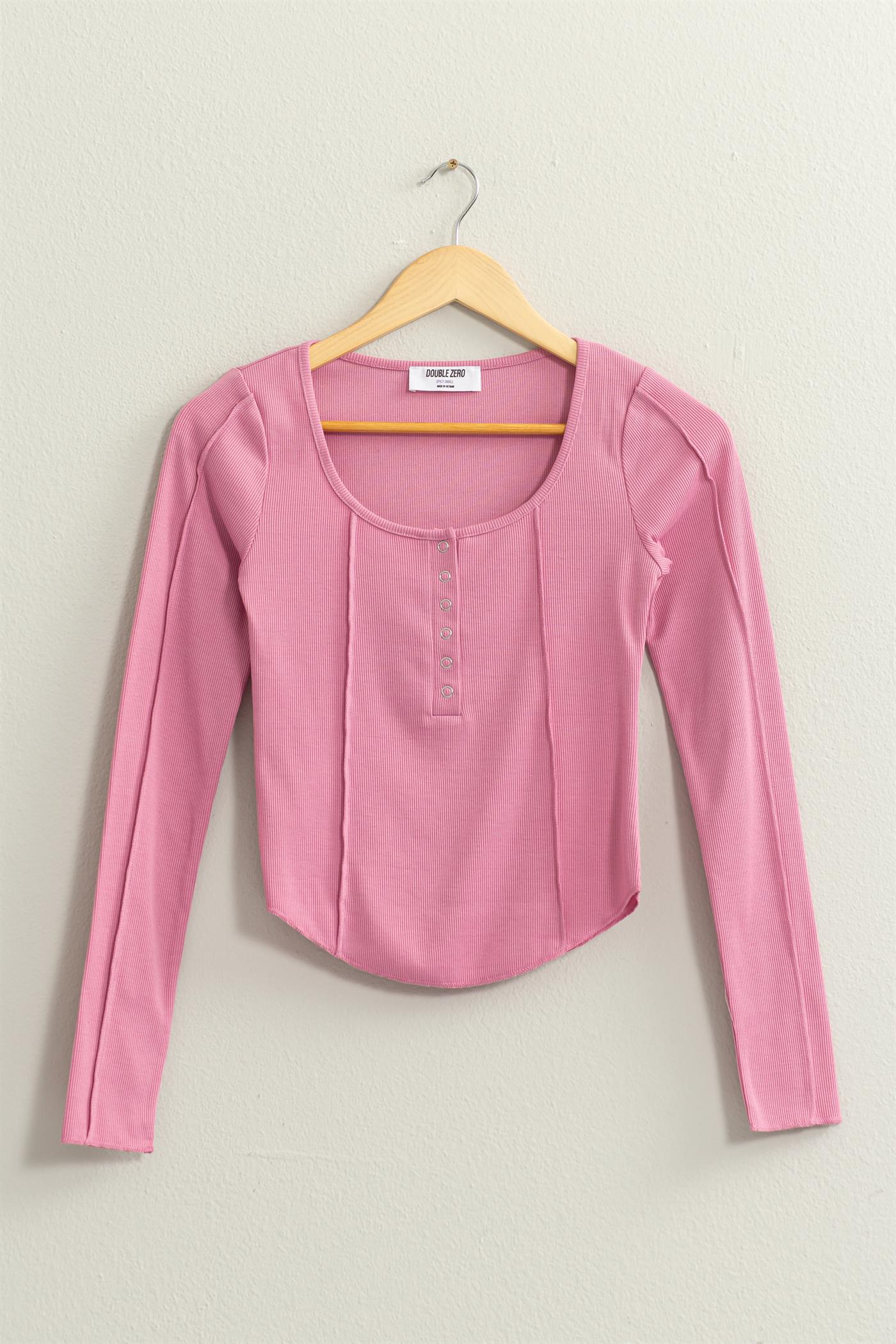 Wholesale Ribbed Long Sleeve Button Front Top Clothing Tops DZ25A025 ROSE PINK DOUBLE ZERO