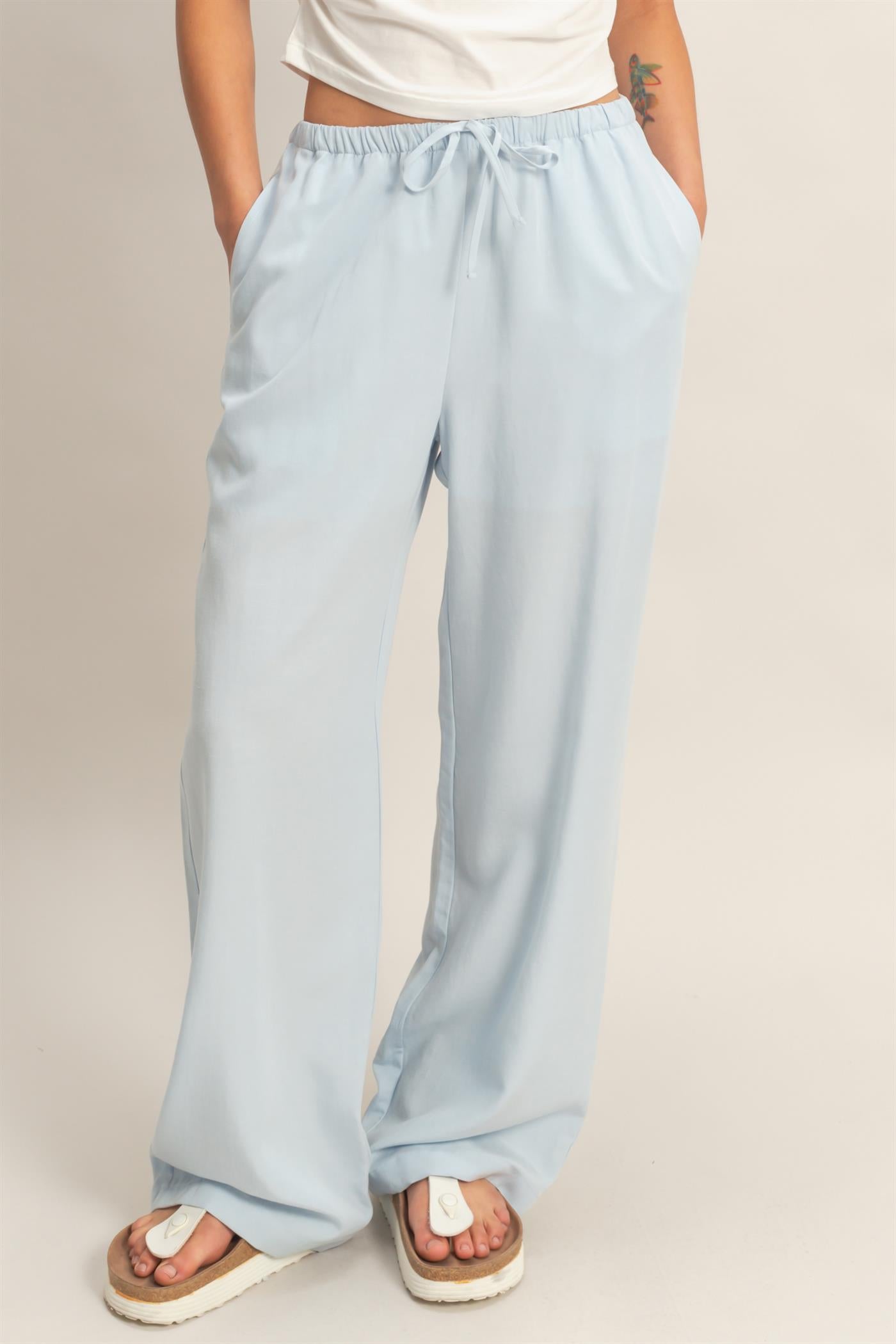 Wholesale Lyocell Linen Elastic Waist Straight Leg Pants Pants DZ26A979 ICE BLUE DOUBLE ZERO