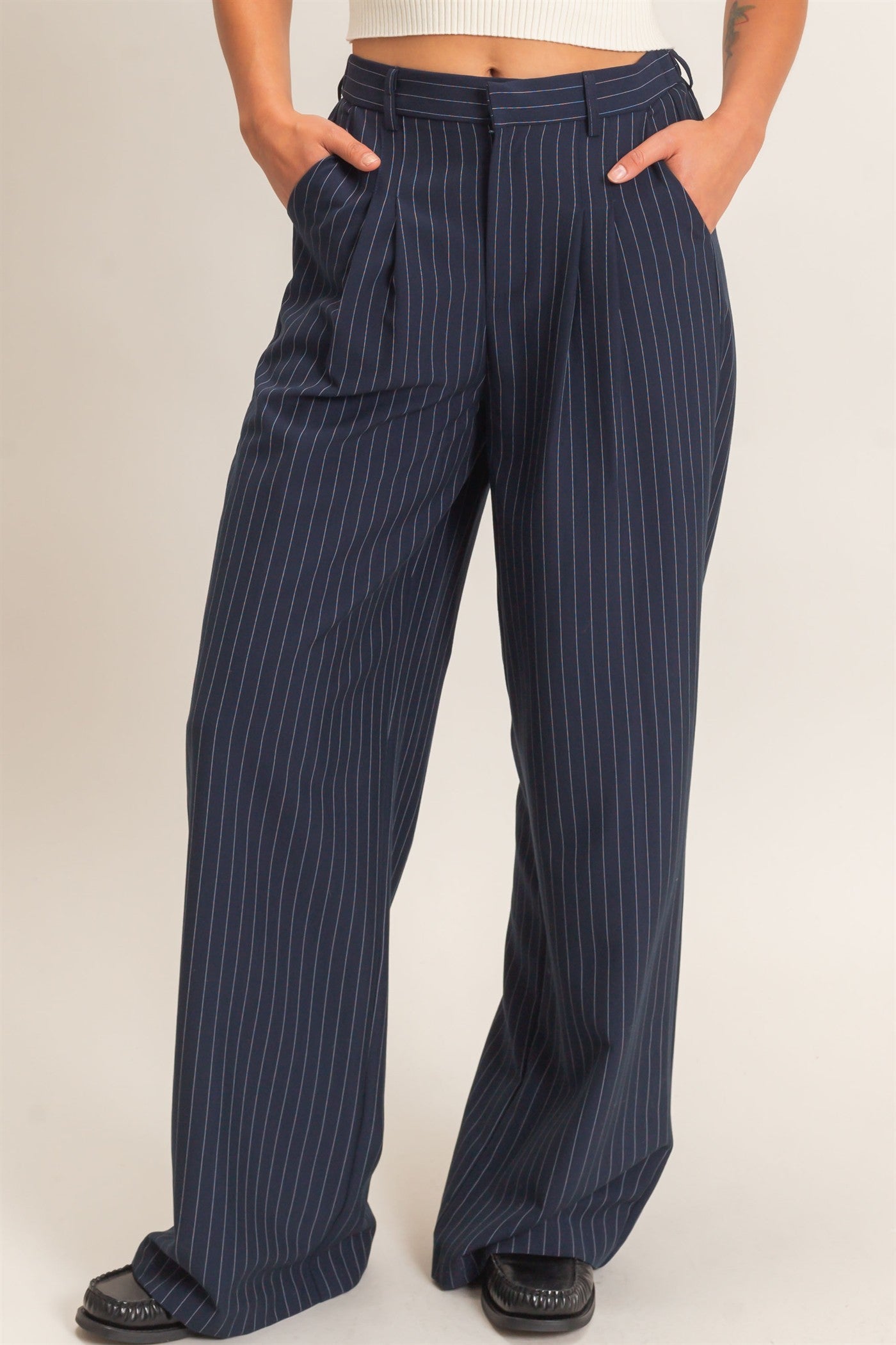 Wholesale Pinstripe Wide-Leg Trousers Pants DZ26E426 NAVY DOUBLE ZERO