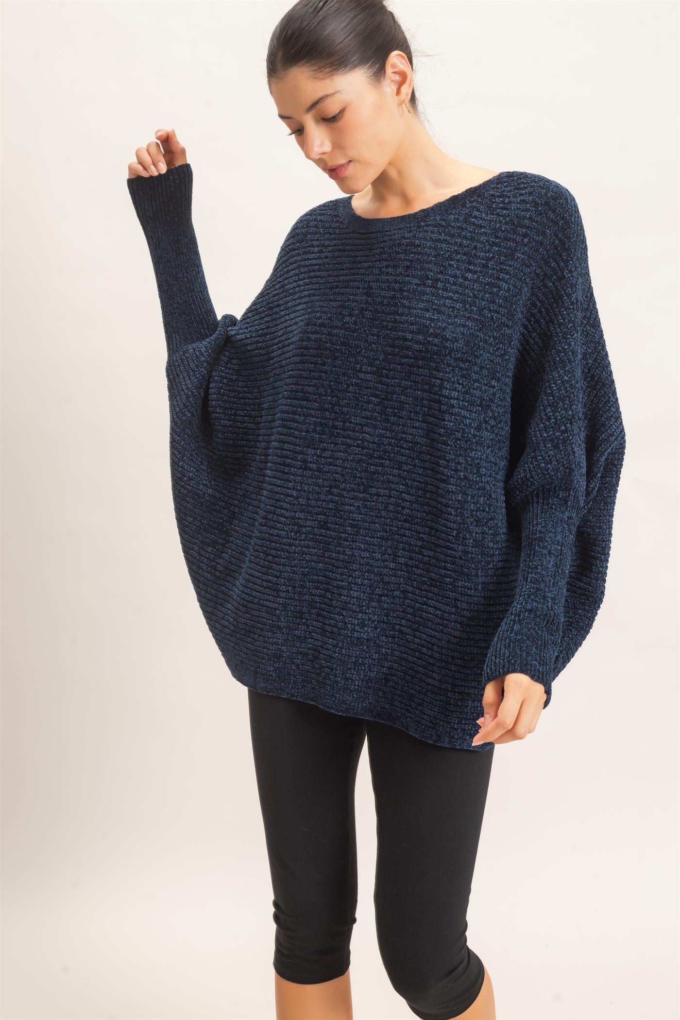 Wholesale Chenille Boat Neck Dolman Sleeve Sweater Sweaters HF26F185 NAVY HYFVE