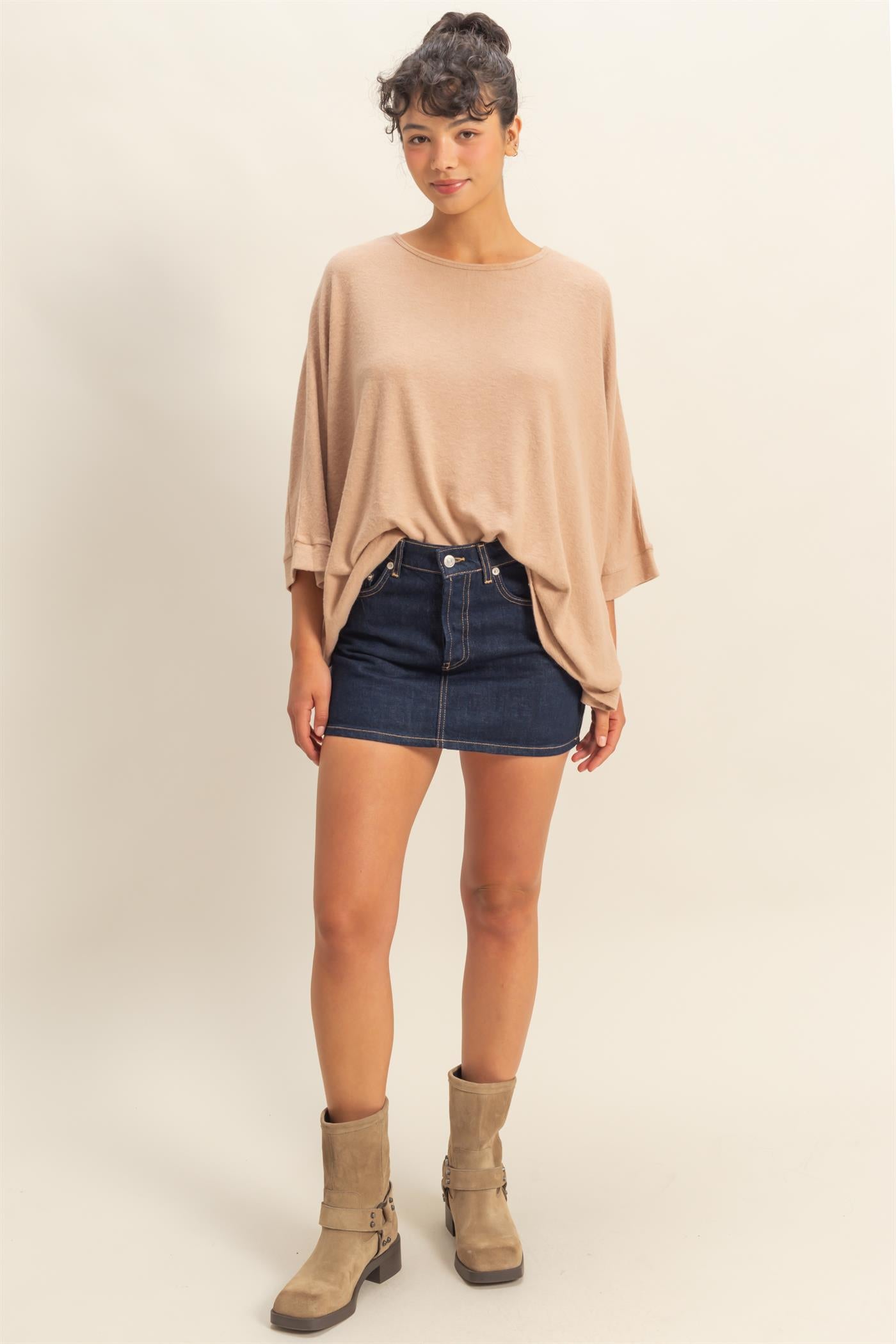 Wholesale Batwing 3/4 Sleeve Oversized Top Clothing Tops DZ25E133 DARK TAUPE DOUBLE ZERO