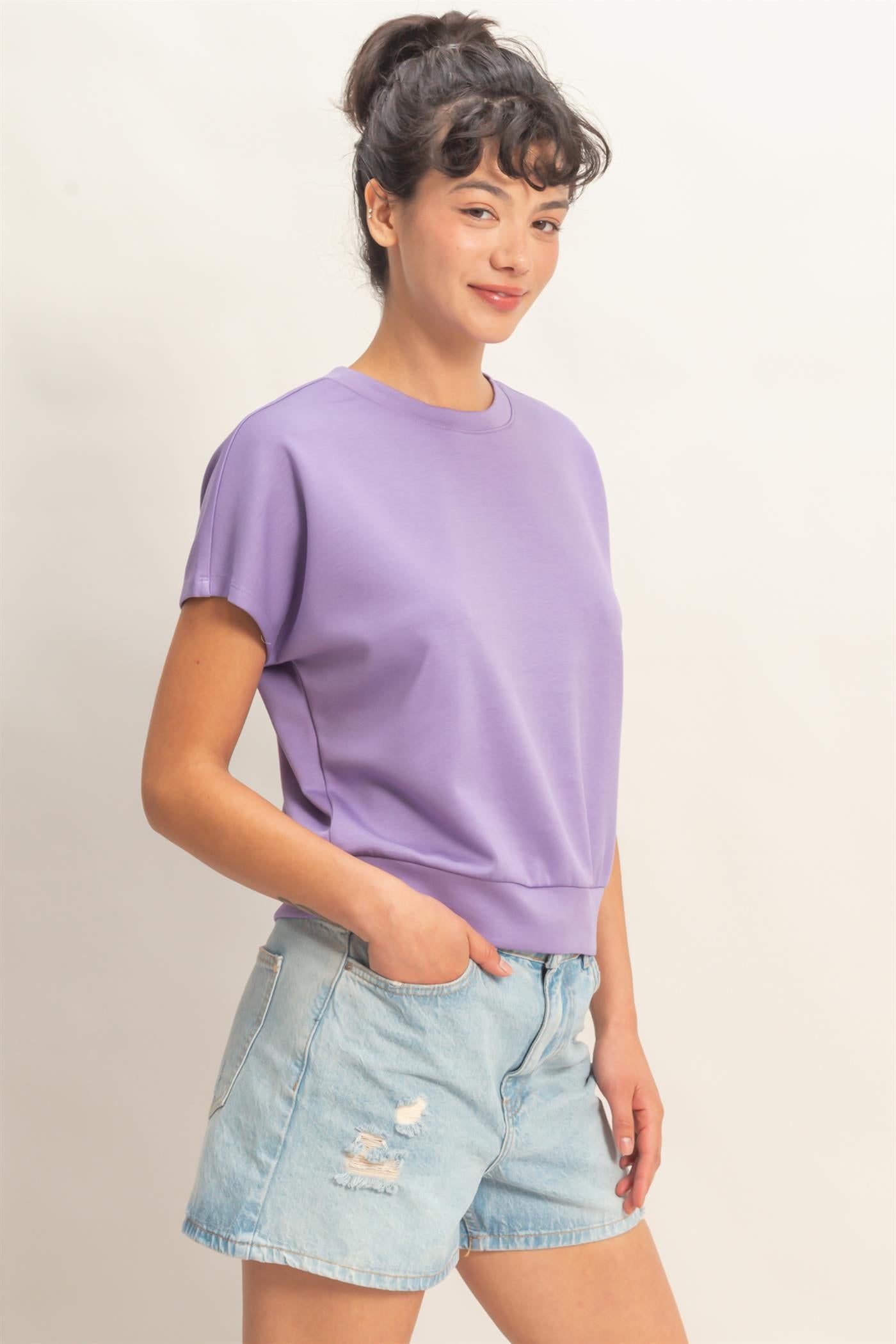 Wholesale Crew Neck Short Dolman Sleeve Top Clothing Tops DZ26C205 DUSTY PURPLE DOUBLE ZERO