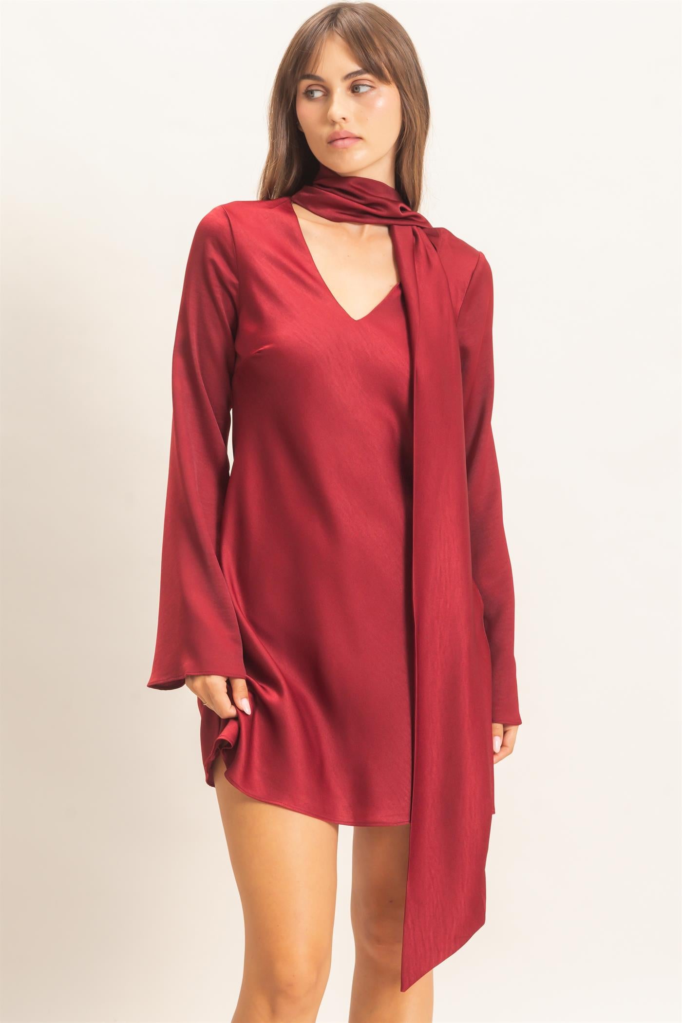 Wholesale Bias Satin Dress With Scarf Dresses HF26E928 BURGUNDY HYFVE