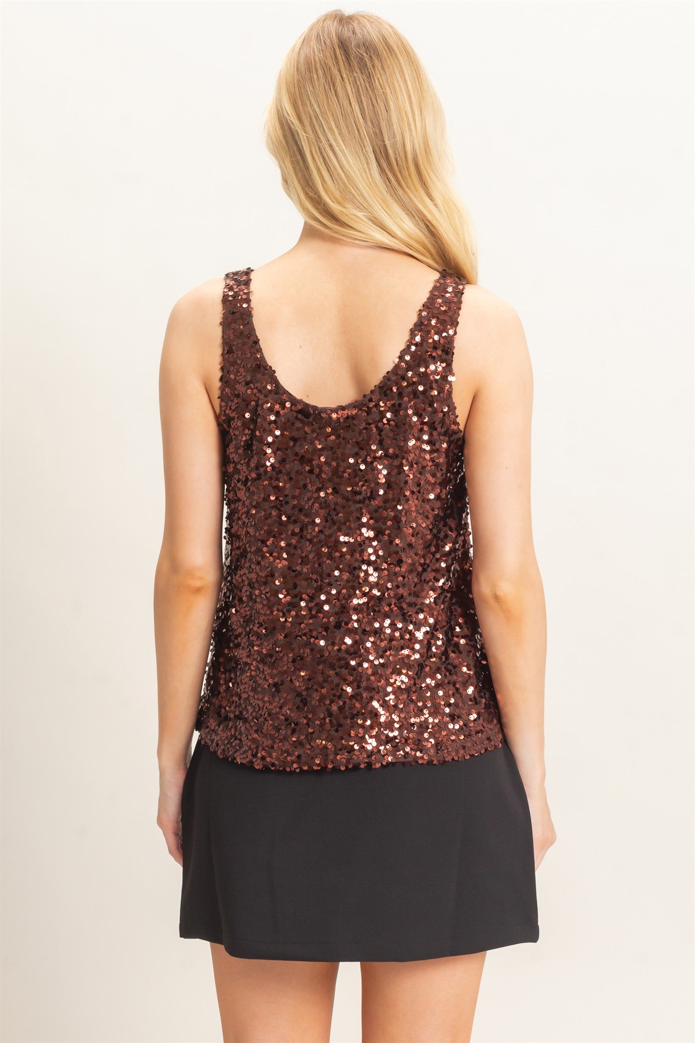 Wholesale Sequin Scoop Neck Tank Tank Tops HF26E097 BROWN HYFVE