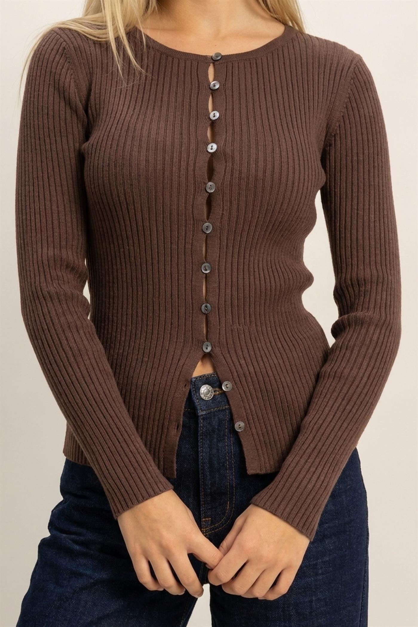 Wholesale Ribbed Button Front Cardigan Cardigans DZ26E322 DARK BROWN DOUBLE ZERO