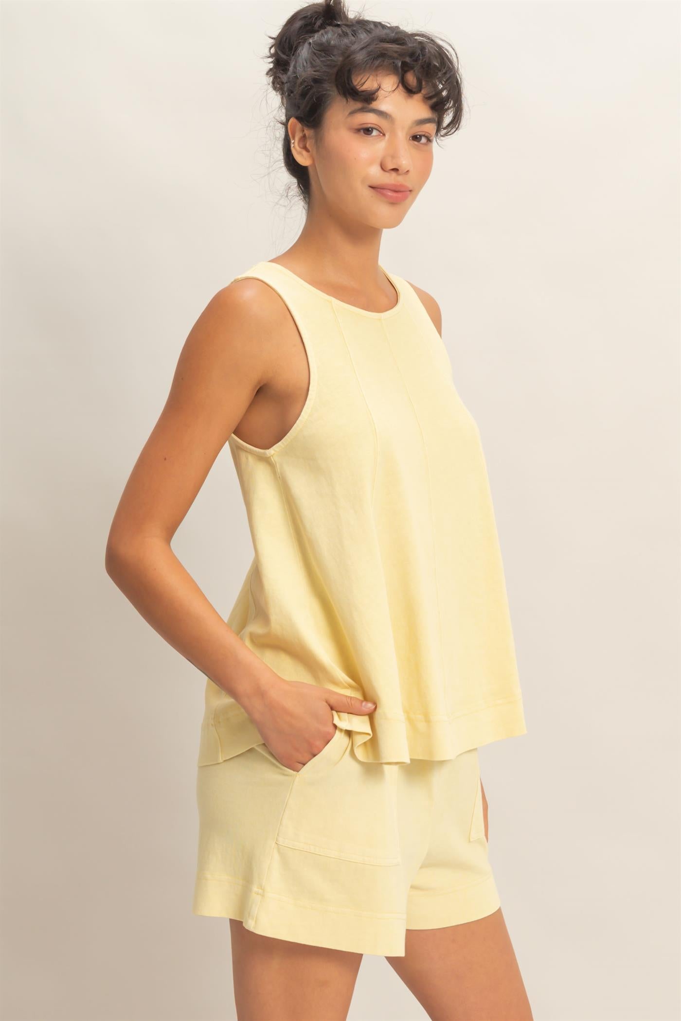Wholesale Sleeveless Round Neck Top & Shorts Set Clothing DZ26C730-SET PALE YELLOW DOUBLE ZERO
