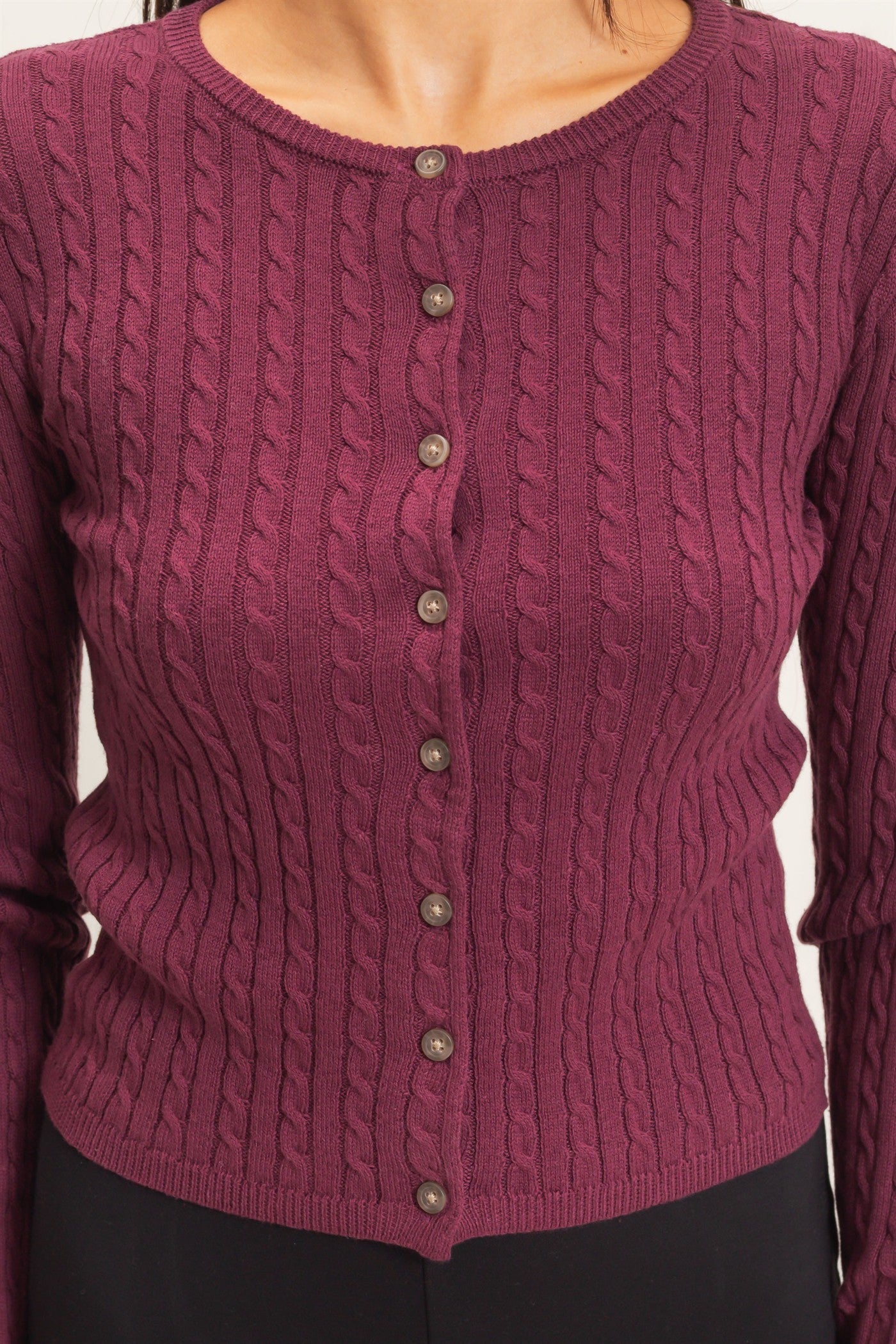 Wholesale Cable Knit Cardigan Cardigans DZ26E256 DARK CHERRY DOUBLE ZERO