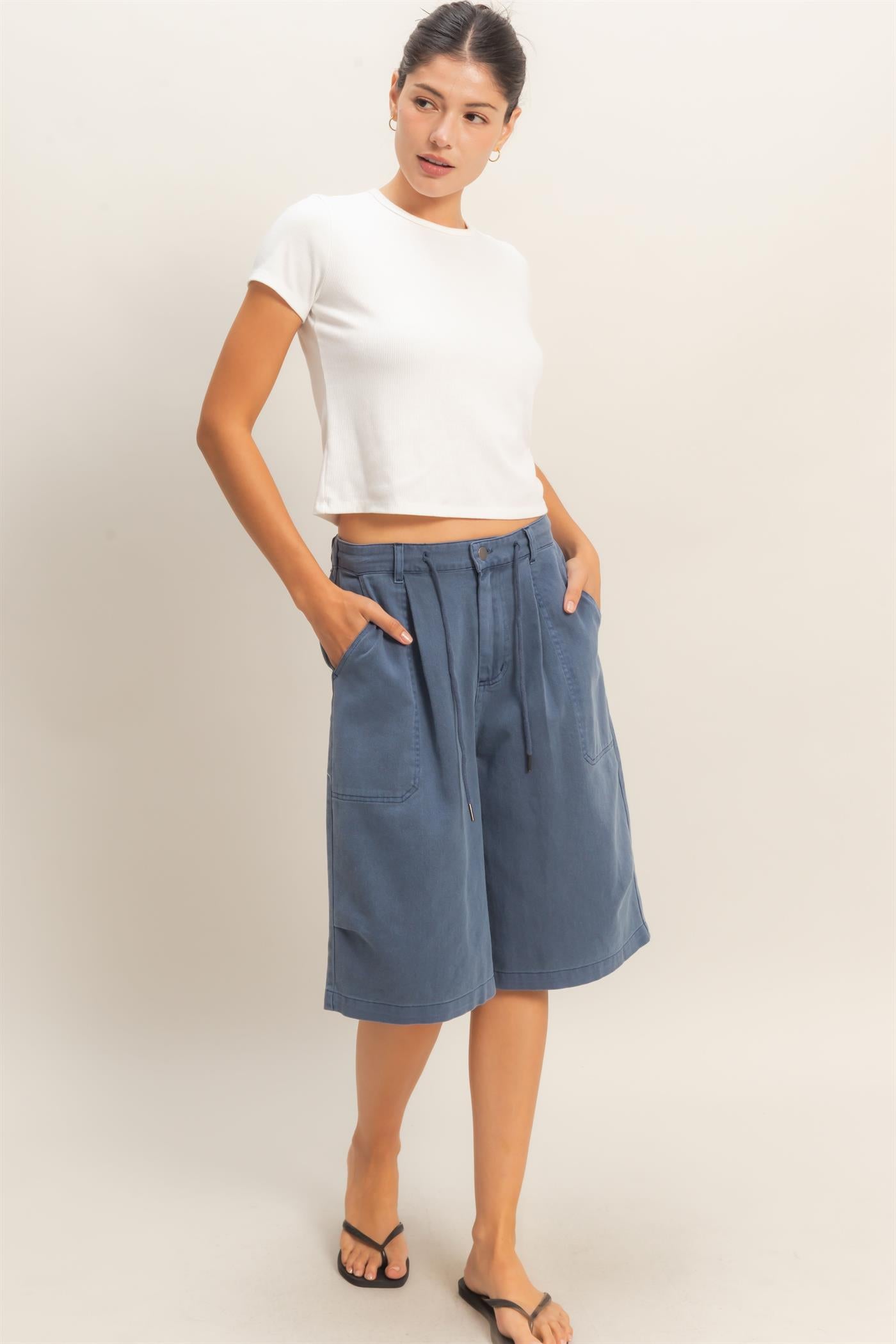 Wholesale Drawstring Waist Wide Leg Jorts Shorts DZ26F283 NAVY DOUBLE ZERO