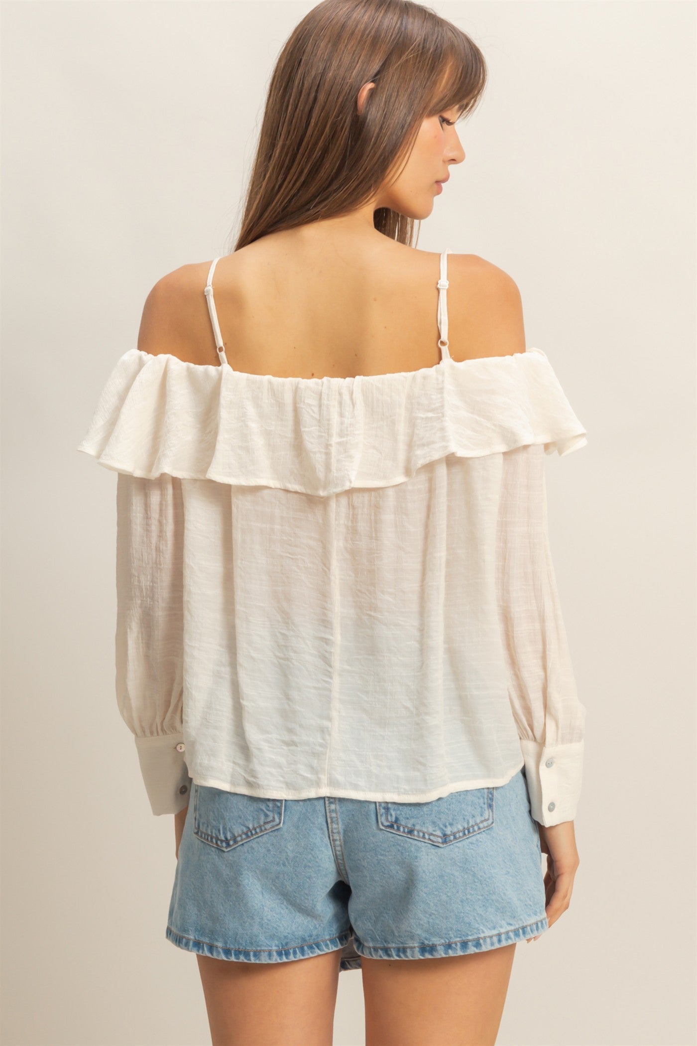 Wholesale Cold-Shoulder Ruffled Blouse Clothing Tops HF23C787 OFF WHITE HYFVE