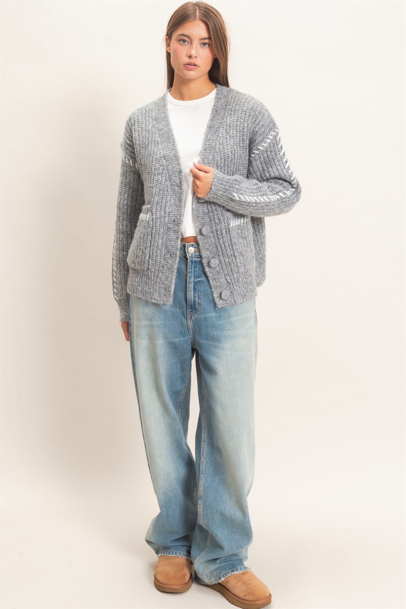 Wholesale Blanket Stitch Oversized Sweater Cardigan Cardigans DZ26E296 HEATHER GRAY DOUBLE ZERO