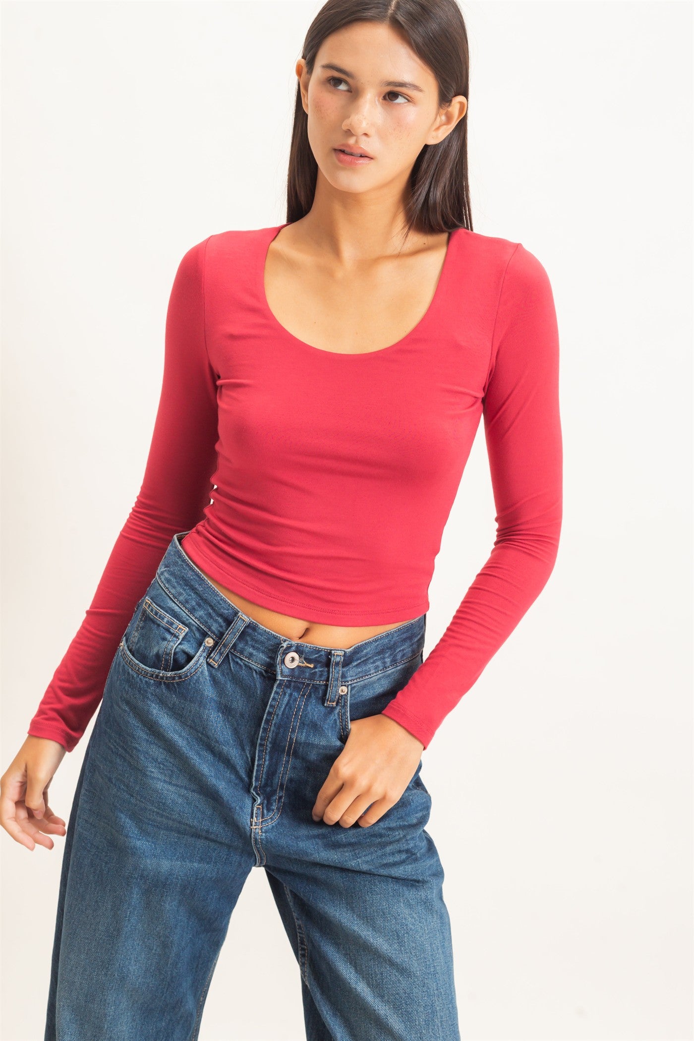 Wholesale Scoop Neck Long Sleeve Top Clothing Tops DZ26E250 DARK RED DOUBLE ZERO